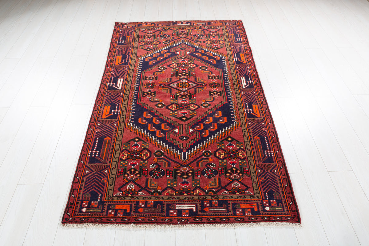 Vintage Rust Red, Navy Blue Hexagonal Medallion Area Rug – 6' 7" x 4' 0" (201 x 122 cm)