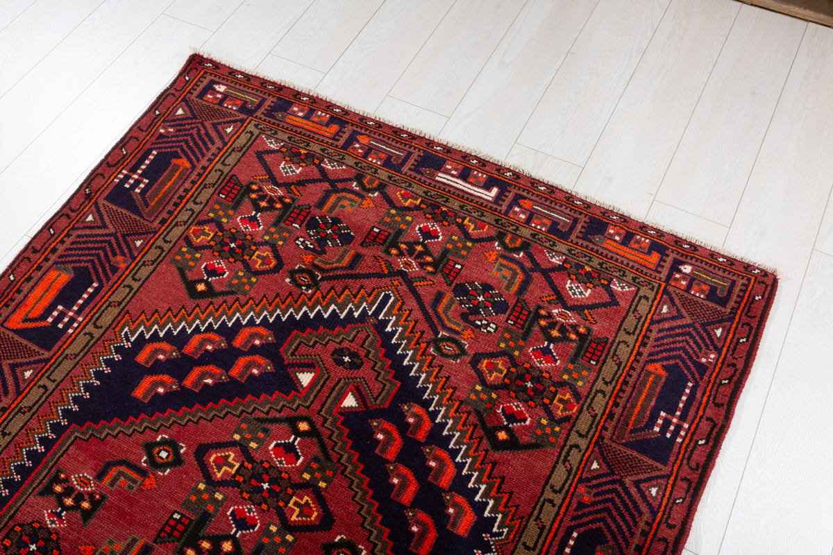 Vintage Rust Red, Navy Blue Hexagonal Medallion Area Rug – 6' 7" x 4' 0" (201 x 122 cm)