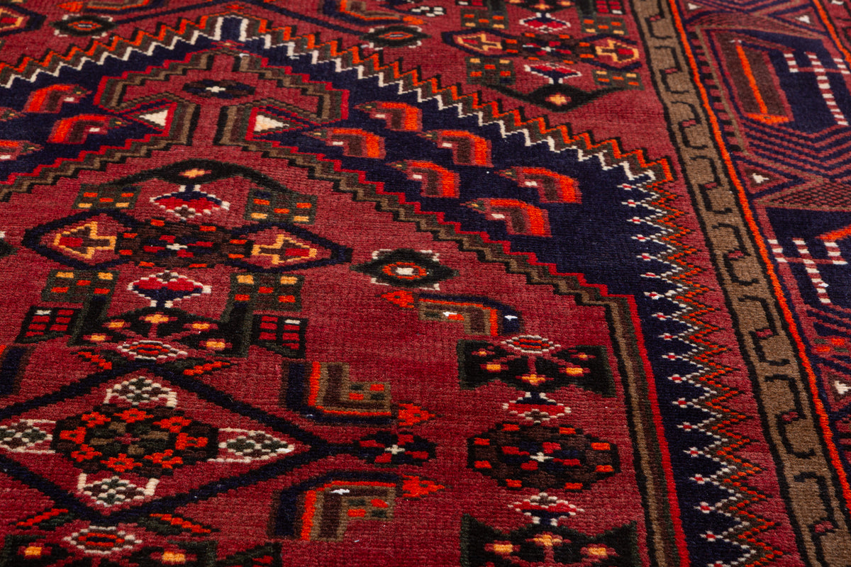 Vintage Rust Red, Navy Blue Hexagonal Medallion Area Rug – 6' 7" x 4' 0" (201 x 122 cm)