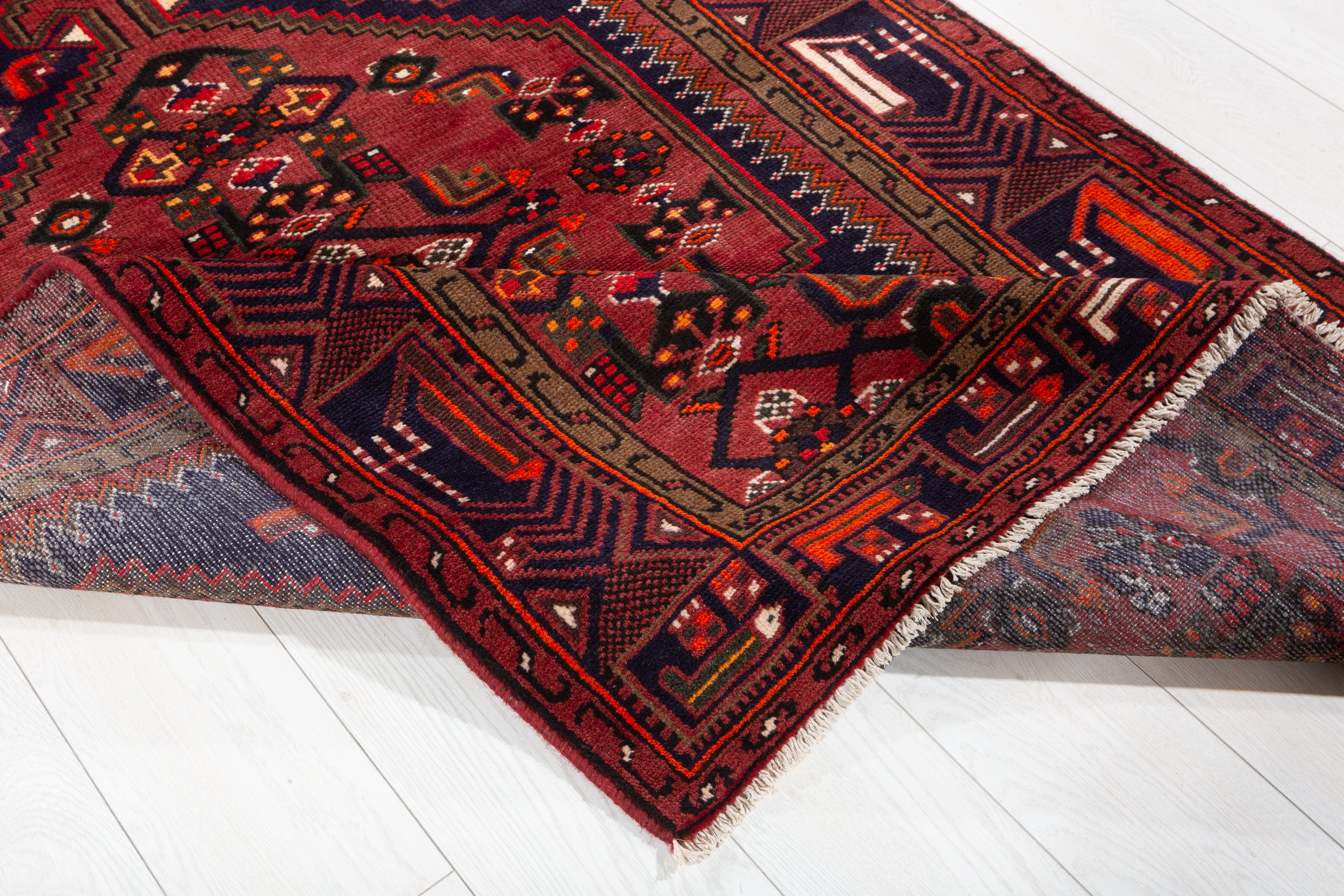 Vintage Rust Red, Navy Blue Hexagonal Medallion Area Rug – 6' 7" x 4' 0" (201 x 122 cm)