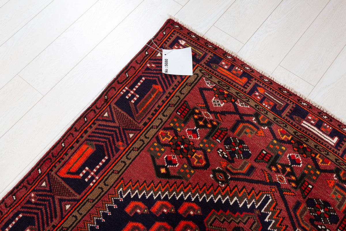 Vintage Rust Red, Navy Blue Hexagonal Medallion Area Rug – 6' 7" x 4' 0" (201 x 122 cm)