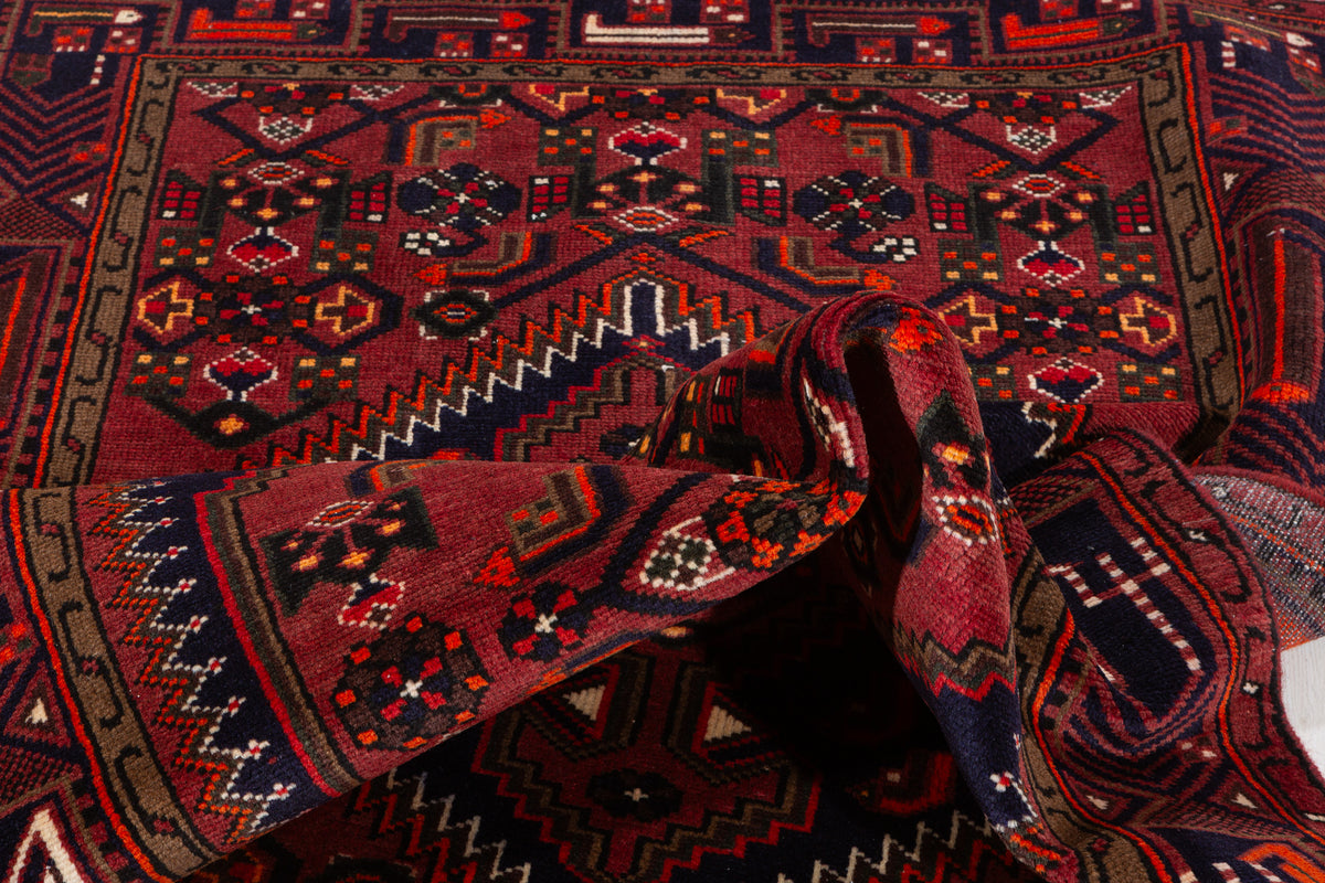 Vintage Rust Red, Navy Blue Hexagonal Medallion Area Rug – 6' 7" x 4' 0" (201 x 122 cm)