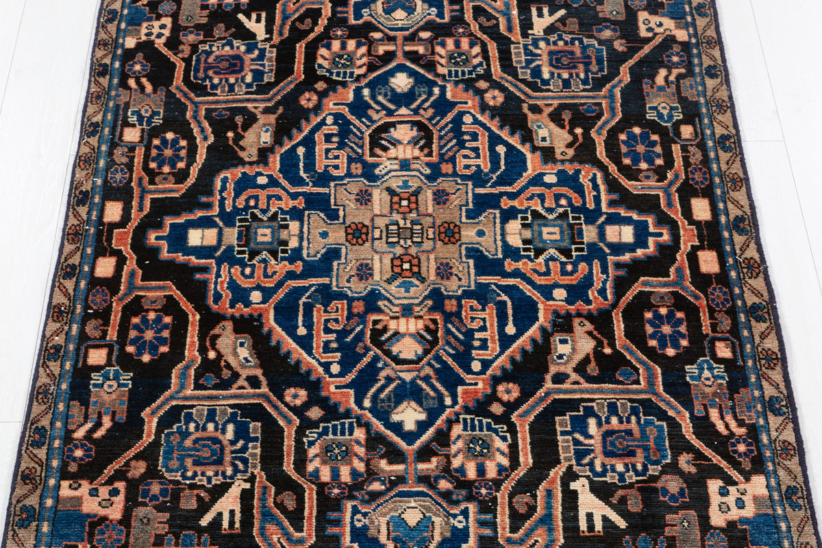 Collectible Vintage Navy Blue Allover Floral Area Rug – 8' 2" x 4' 0" (248 x 121 cm)