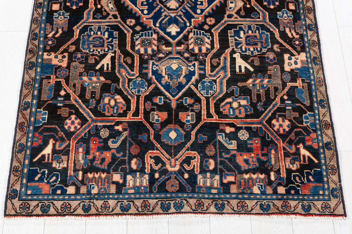 Collectible Vintage Navy Blue Allover Floral Area Rug – 8' 2" x 4' 0" (248 x 121 cm)