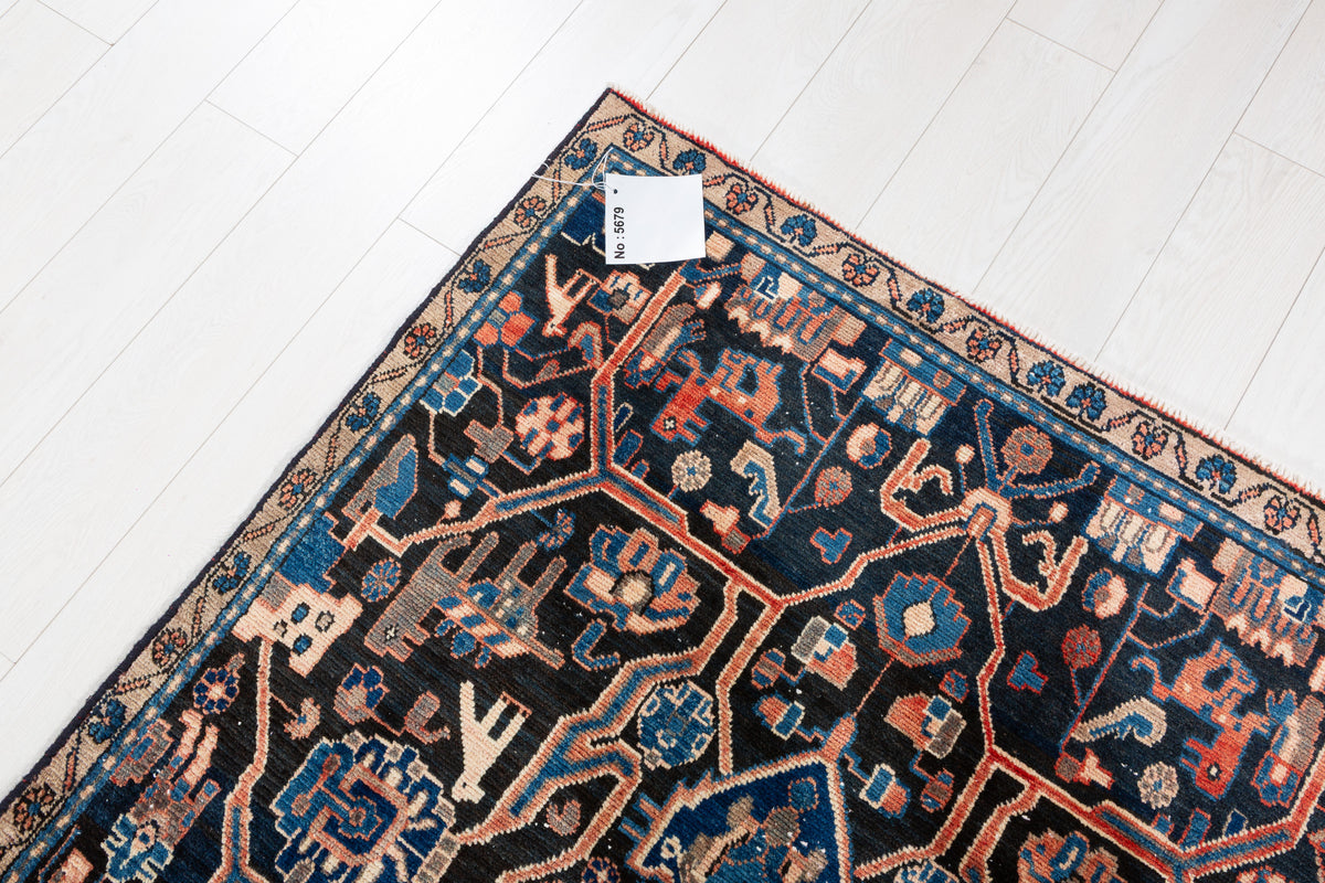 Collectible Vintage Navy Blue Allover Floral Area Rug – 8' 2" x 4' 0" (248 x 121 cm)