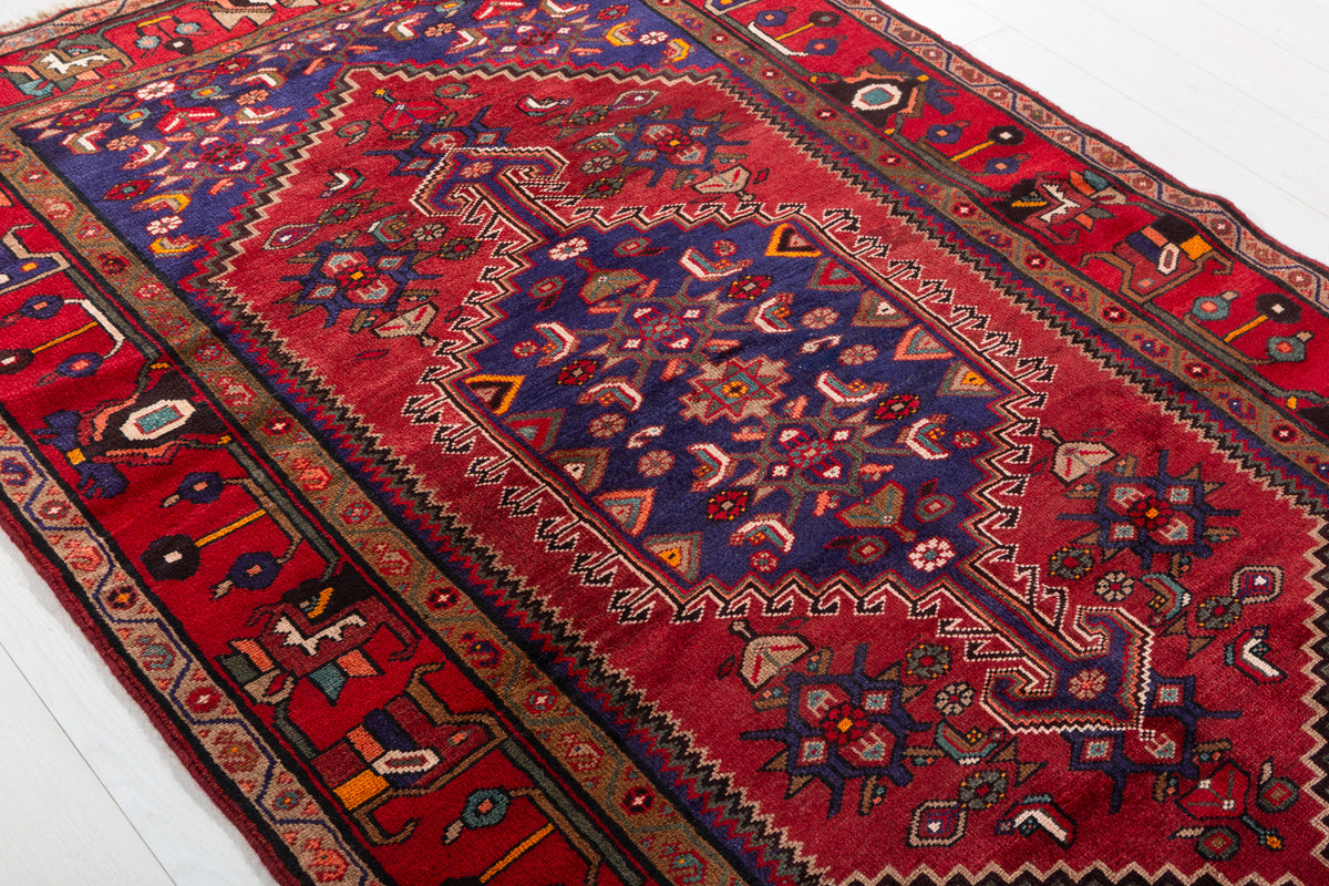 Vintage Red, Deep Navy Blue Allover Geometric Area Rug – 7' 1" x 4' 8" (216 x 142 cm)