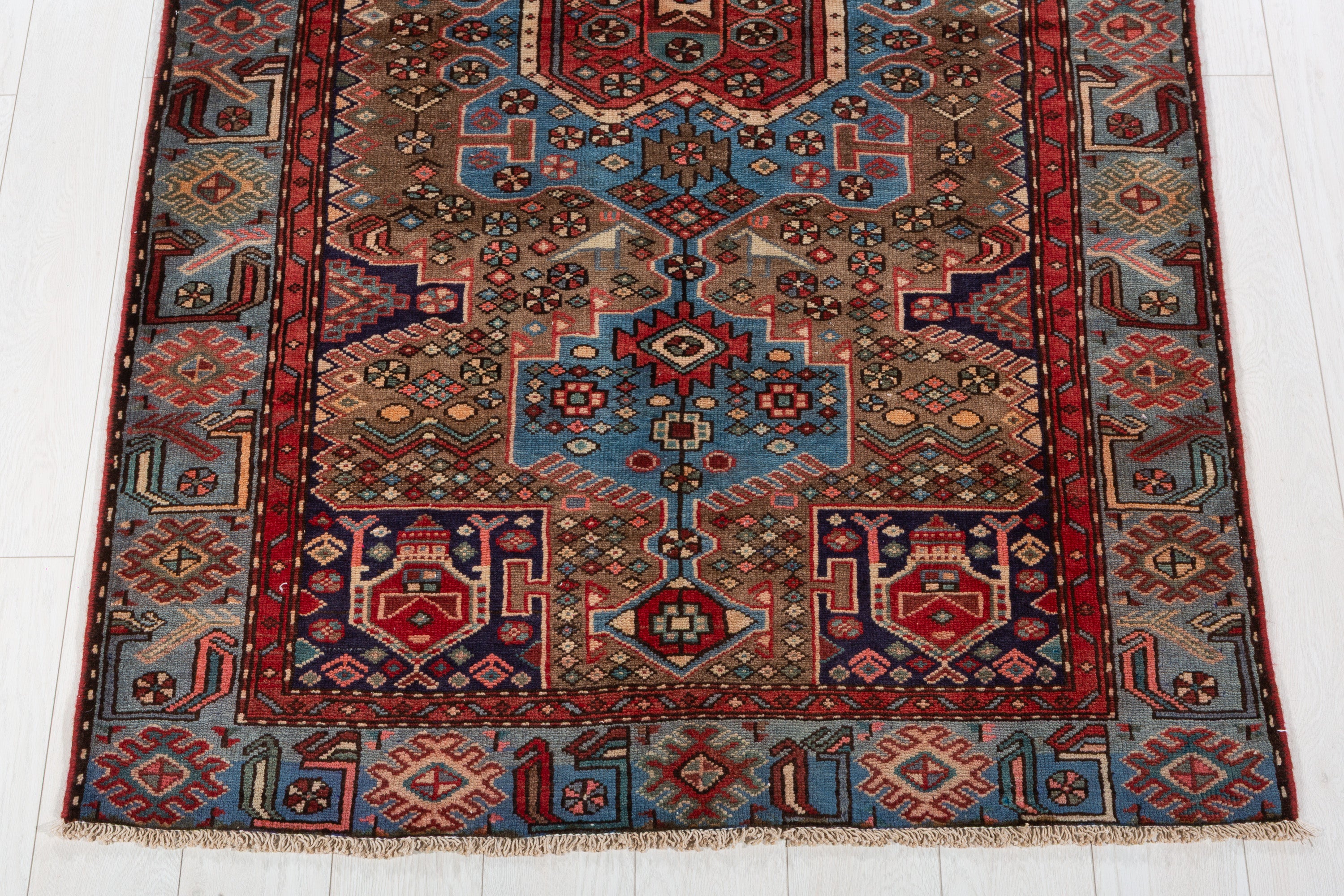 Collectible Vintage Brown, Turquoise Blue Central Medallion Area Rug – 6' 7" x 4' 0" (201 x 121 cm)