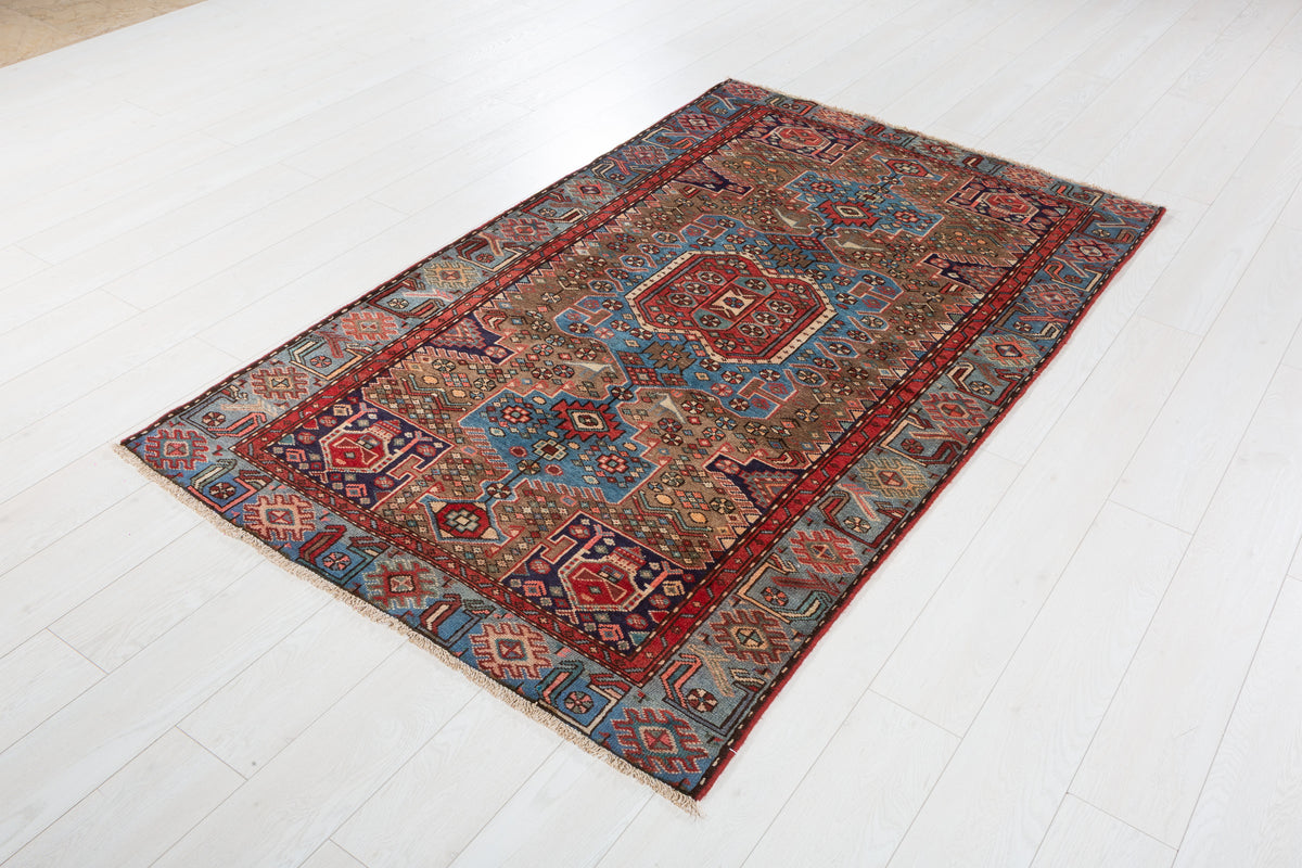 Collectible Vintage Brown, Turquoise Blue Central Medallion Area Rug – 6' 7" x 4' 0" (201 x 121 cm)