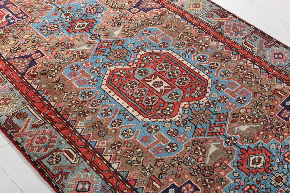 Collectible Vintage Brown, Turquoise Blue Central Medallion Area Rug – 6' 7" x 4' 0" (201 x 121 cm)