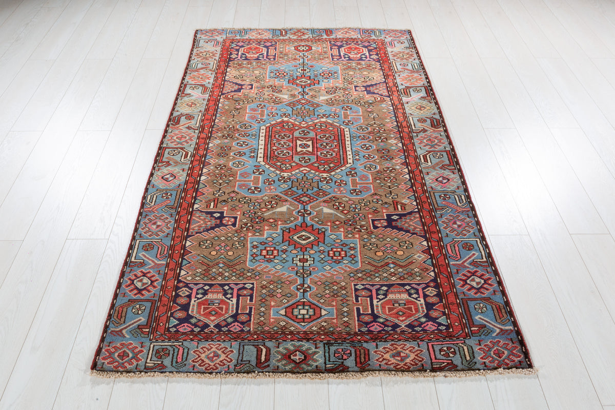 Collectible Vintage Brown, Turquoise Blue Central Medallion Area Rug – 6' 7" x 4' 0" (201 x 121 cm)