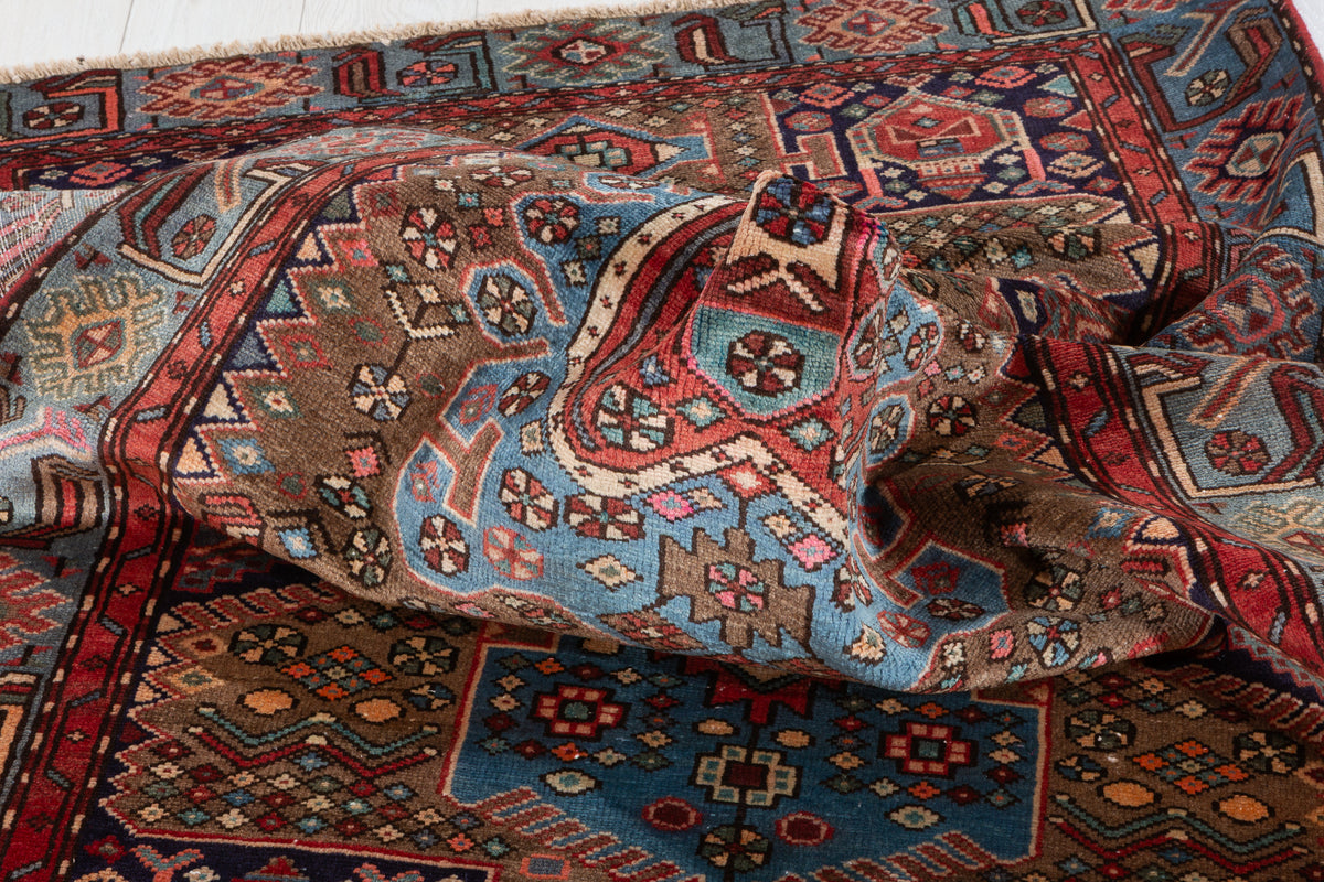 Collectible Vintage Brown, Turquoise Blue Central Medallion Area Rug – 6' 7" x 4' 0" (201 x 121 cm)