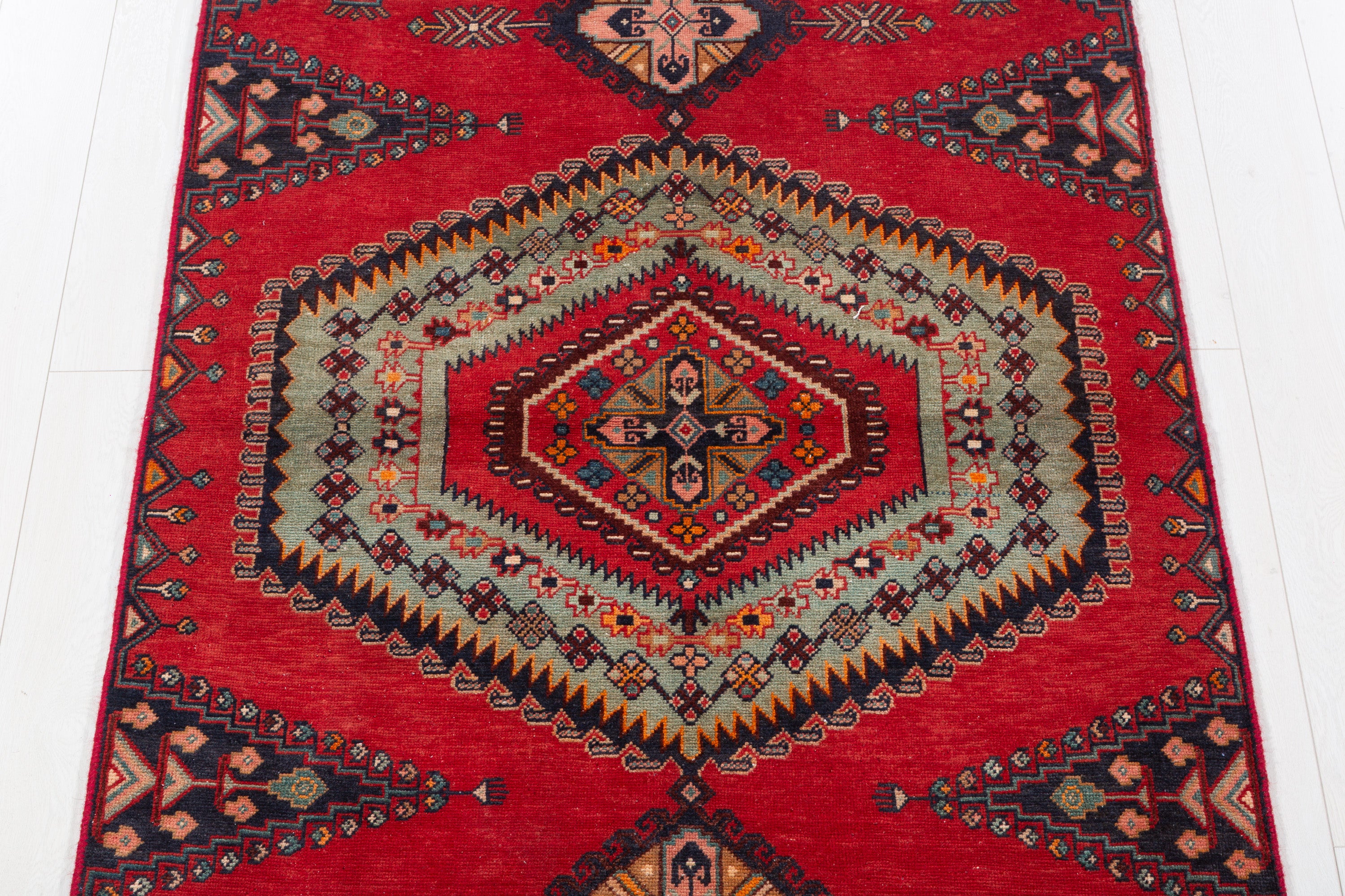 Collectible Vintage Orange-Red, Light Green Triple Medallion Area Rug – 6' 1" x 3' 9" (185 x 114 cm)