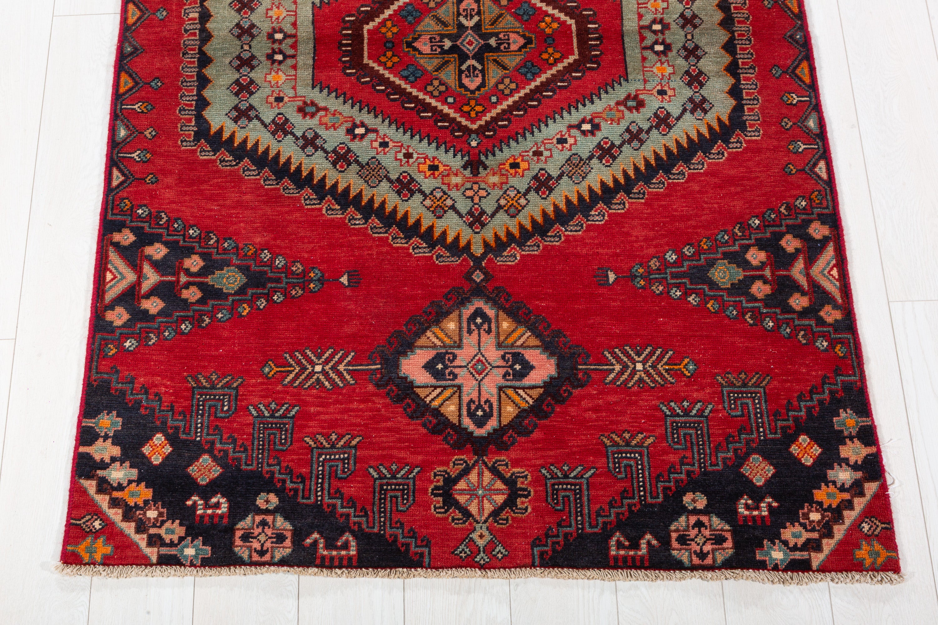 Collectible Vintage Orange-Red, Light Green Triple Medallion Area Rug – 6' 1" x 3' 9" (185 x 114 cm)