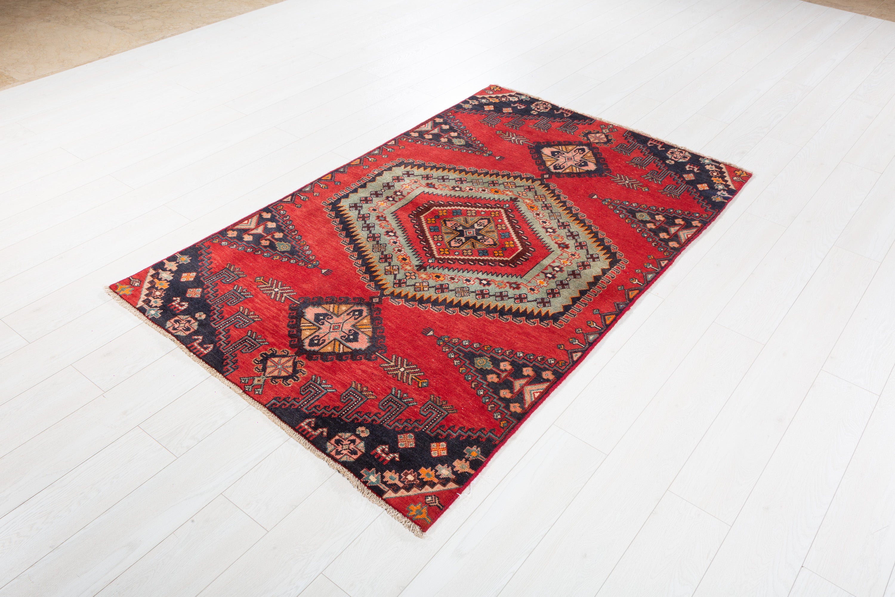 Collectible Vintage Orange-Red, Light Green Triple Medallion Area Rug – 6' 1" x 3' 9" (185 x 114 cm)