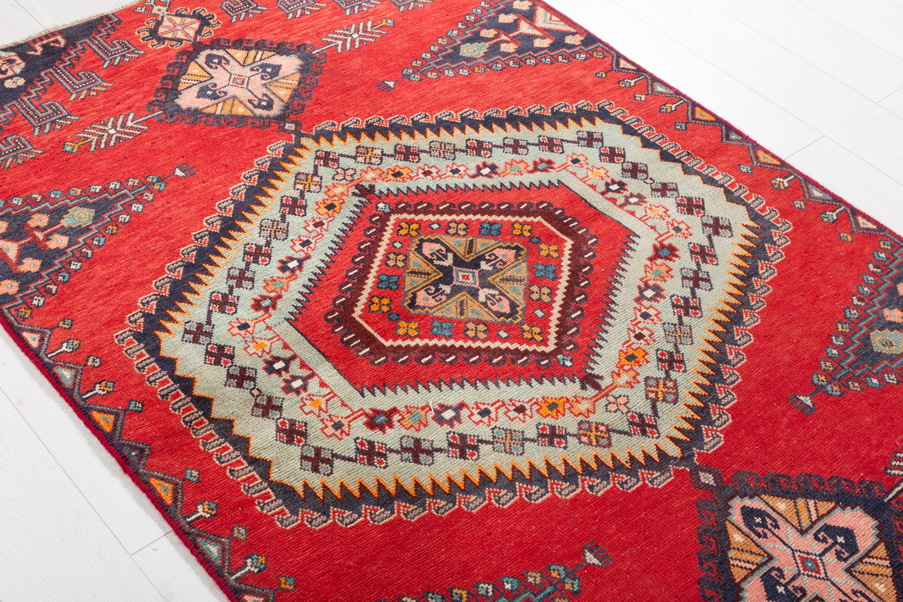 Collectible Vintage Orange-Red, Light Green Triple Medallion Area Rug – 6' 1" x 3' 9" (185 x 114 cm)