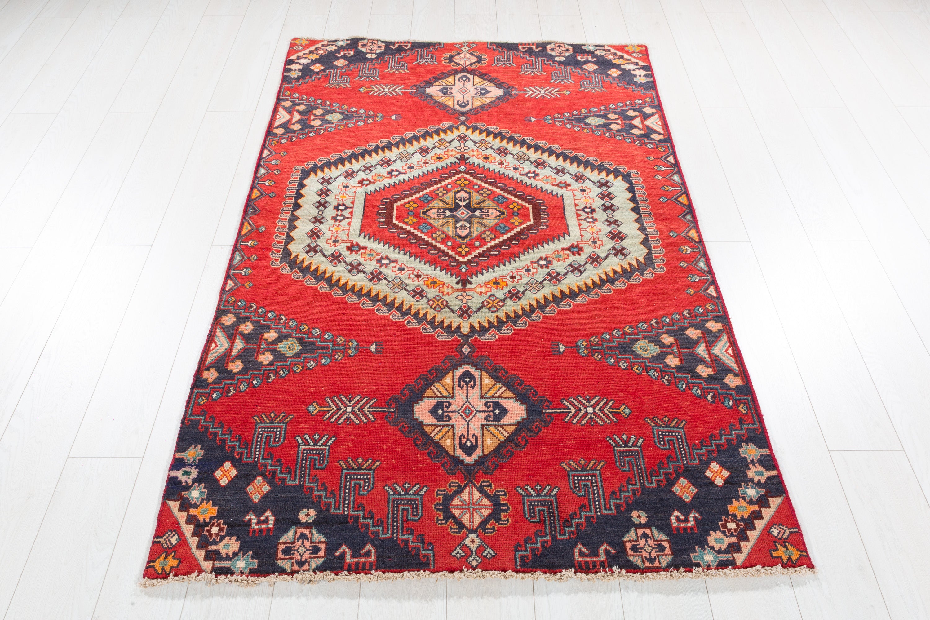 Collectible Vintage Orange-Red, Light Green Triple Medallion Area Rug – 6' 1" x 3' 9" (185 x 114 cm)