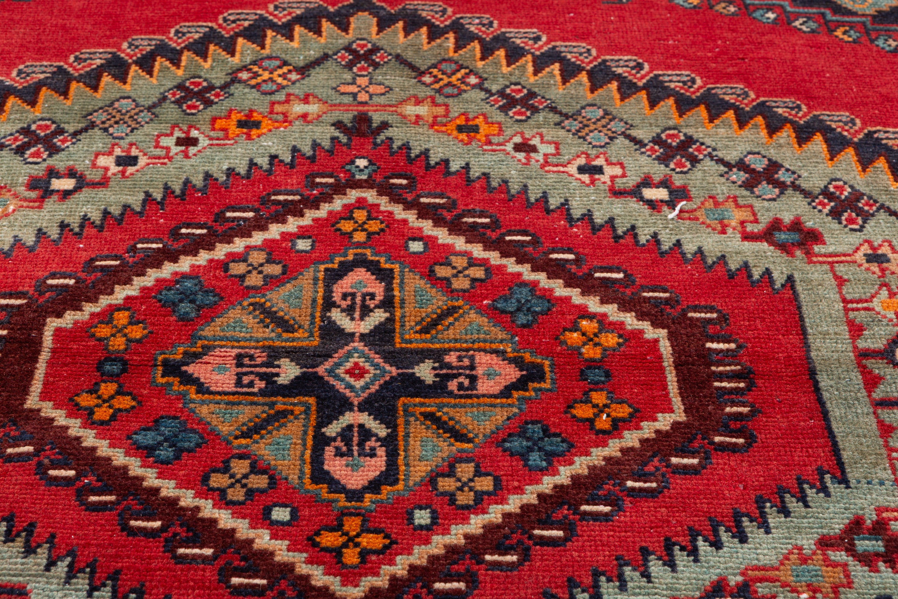 Collectible Vintage Orange-Red, Light Green Triple Medallion Area Rug – 6' 1" x 3' 9" (185 x 114 cm)