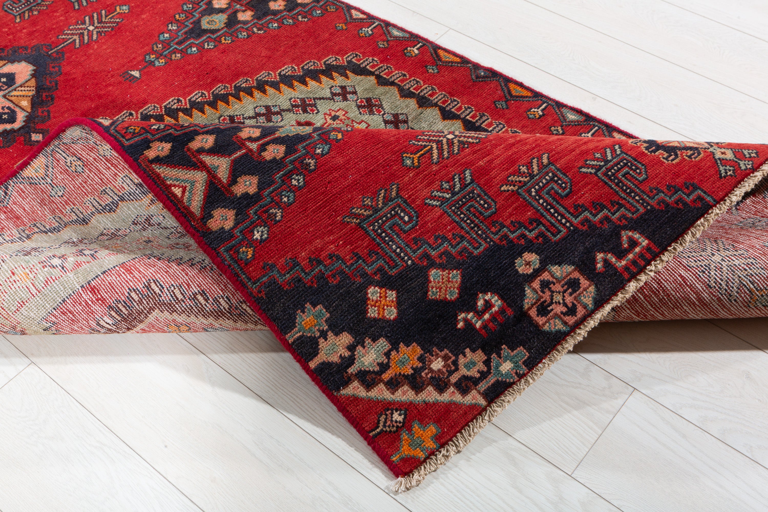Collectible Vintage Orange-Red, Light Green Triple Medallion Area Rug – 6' 1" x 3' 9" (185 x 114 cm)