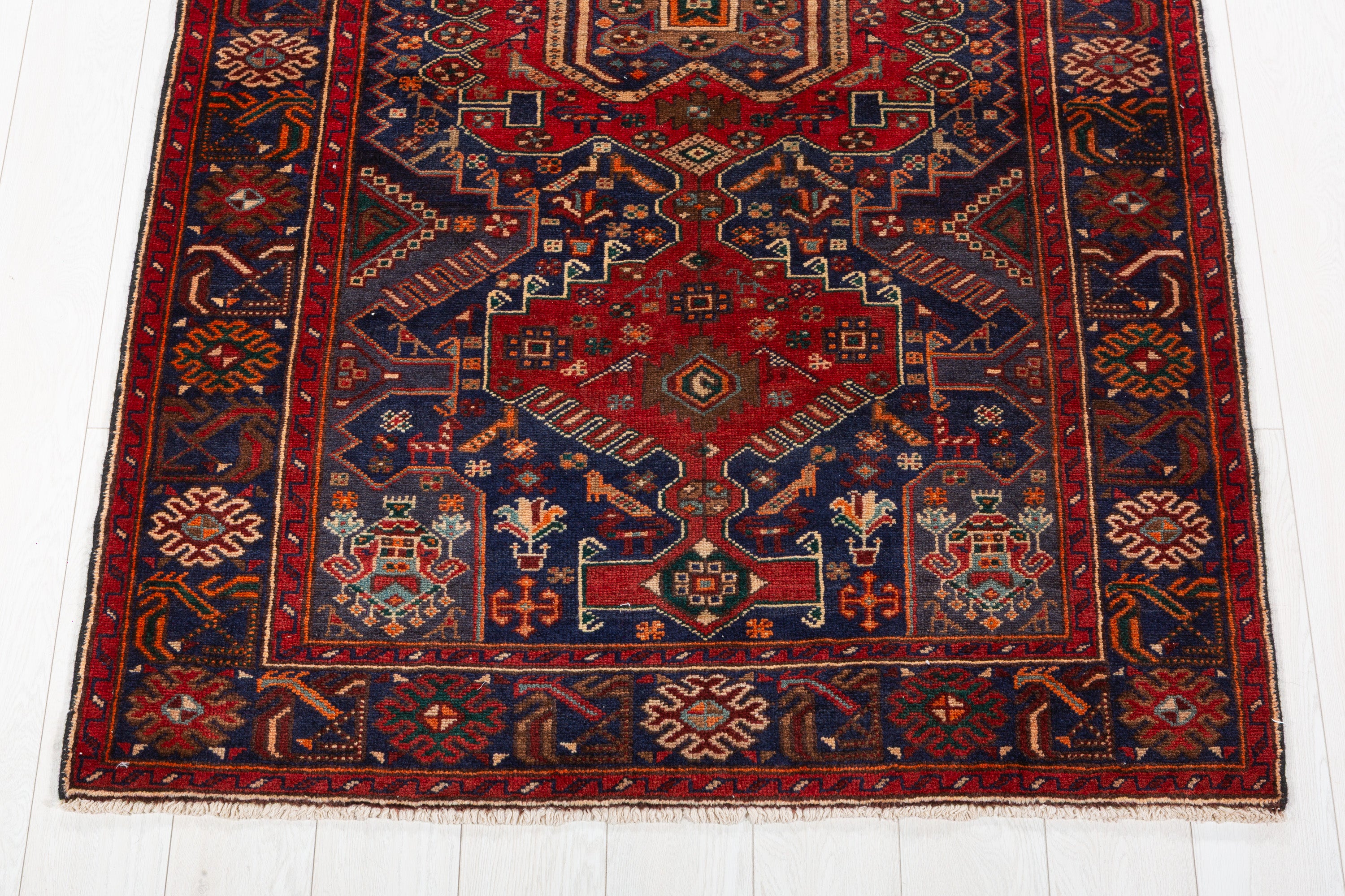 Collectible Vintage Red, Navy Blue Geometric Medallion Area Rug – 6' 8" x 4' 1" (203 x 124 cm)