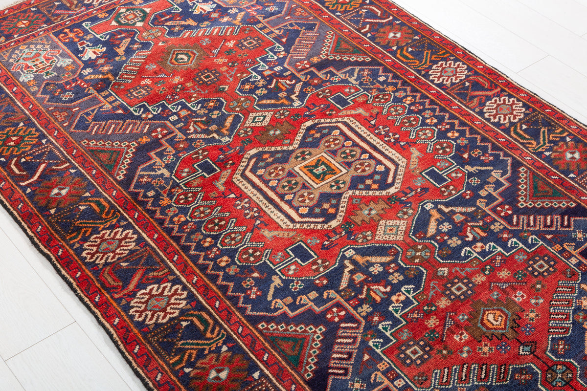 Collectible Vintage Red, Navy Blue Geometric Medallion Area Rug – 6' 8" x 4' 1" (203 x 124 cm)