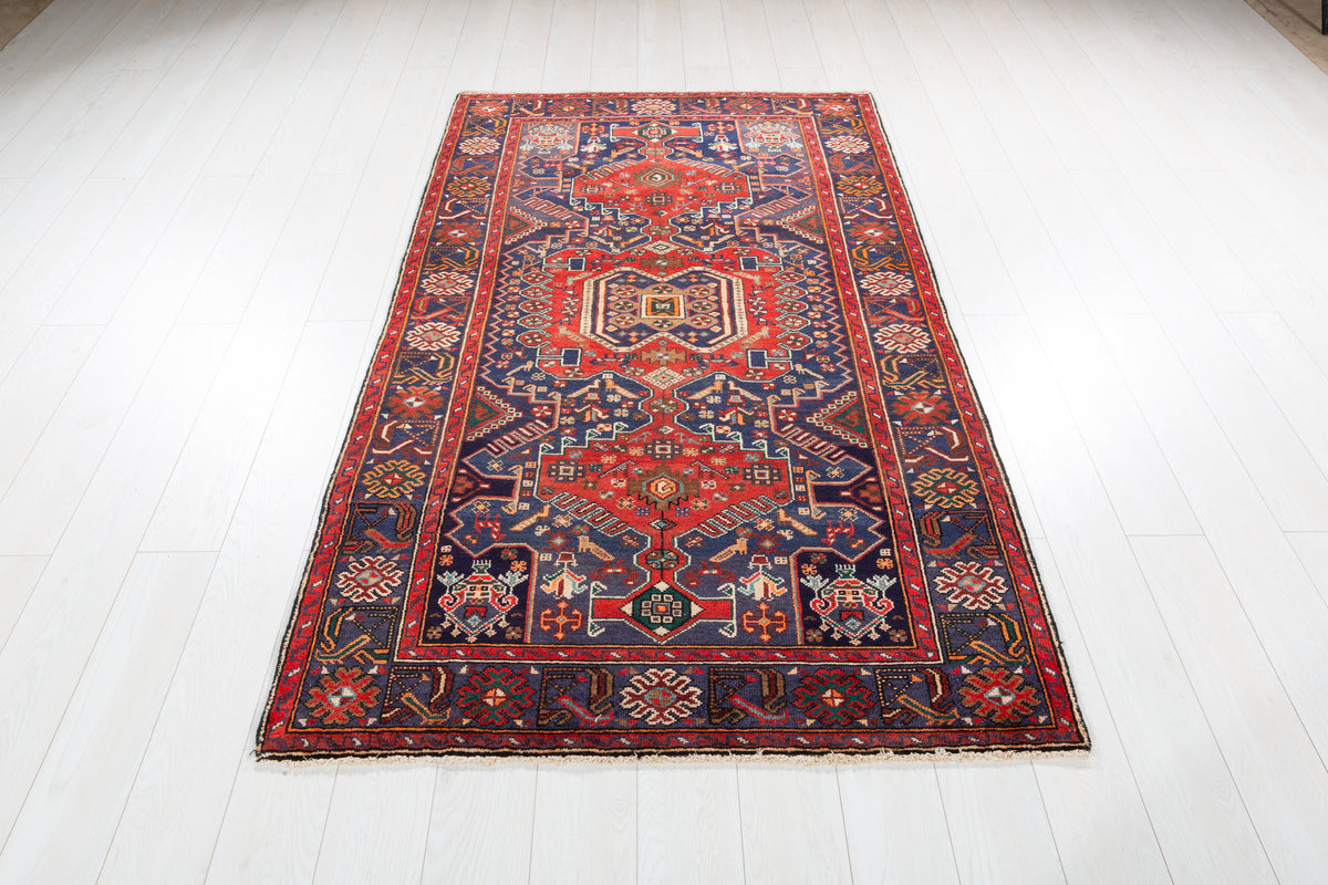 Collectible Vintage Red, Navy Blue Geometric Medallion Area Rug – 6' 8" x 4' 1" (203 x 124 cm)