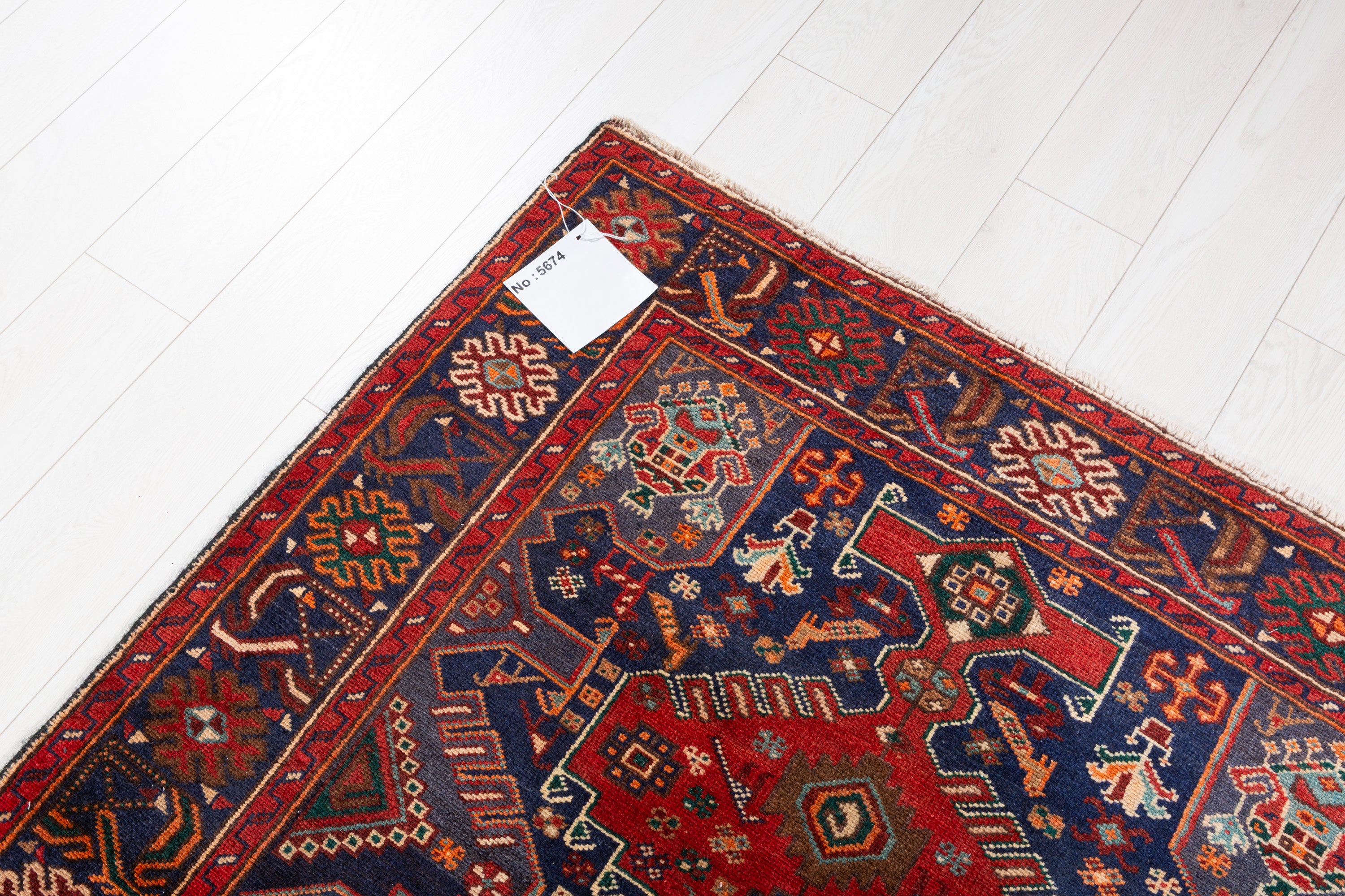 Collectible Vintage Red, Navy Blue Geometric Medallion Area Rug – 6' 8" x 4' 1" (203 x 124 cm)