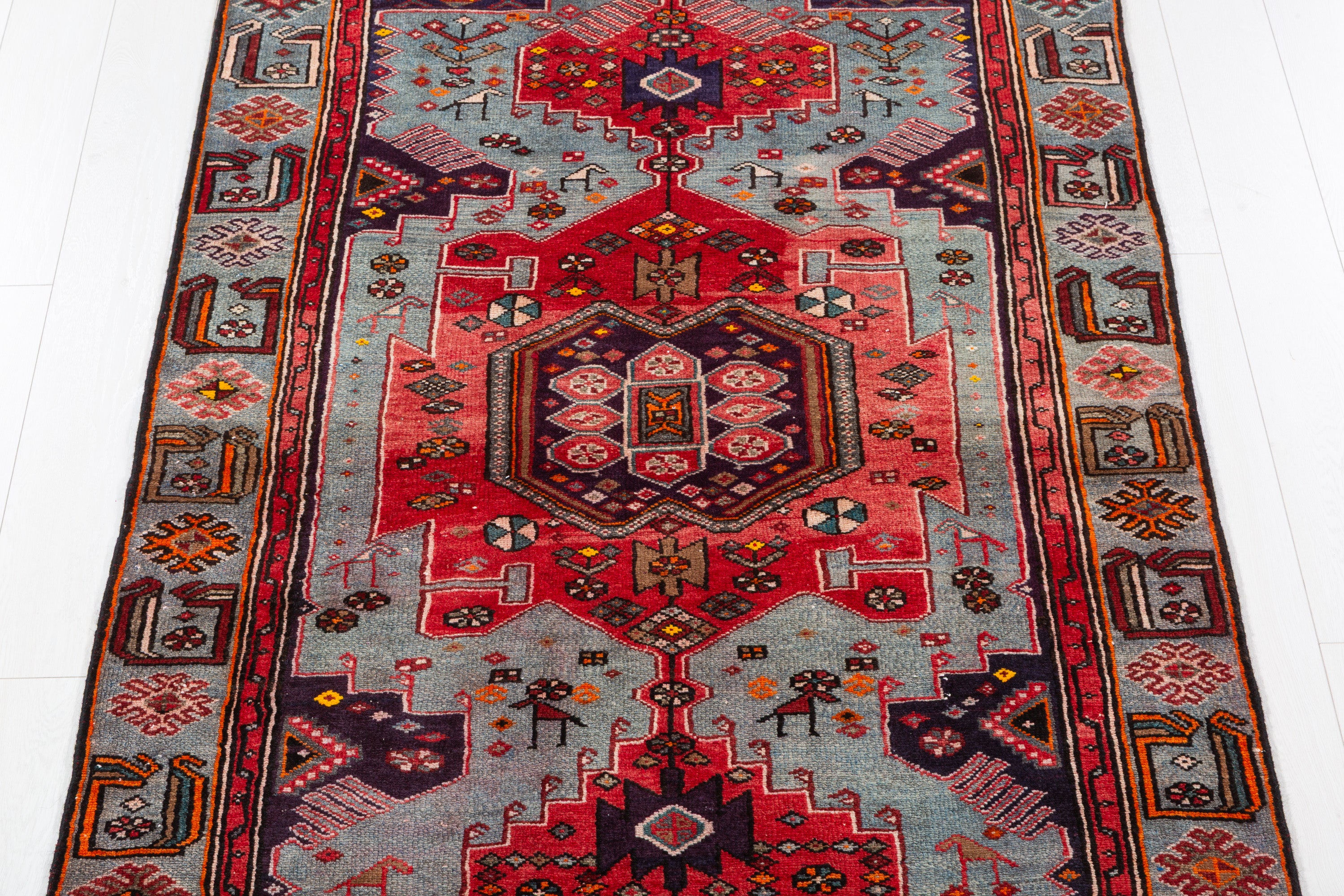Collectible Vintage Red, Turquoise Blue Triple Medallion Area Rug – 7' 7" x 4' 1" (230 x 124 cm)