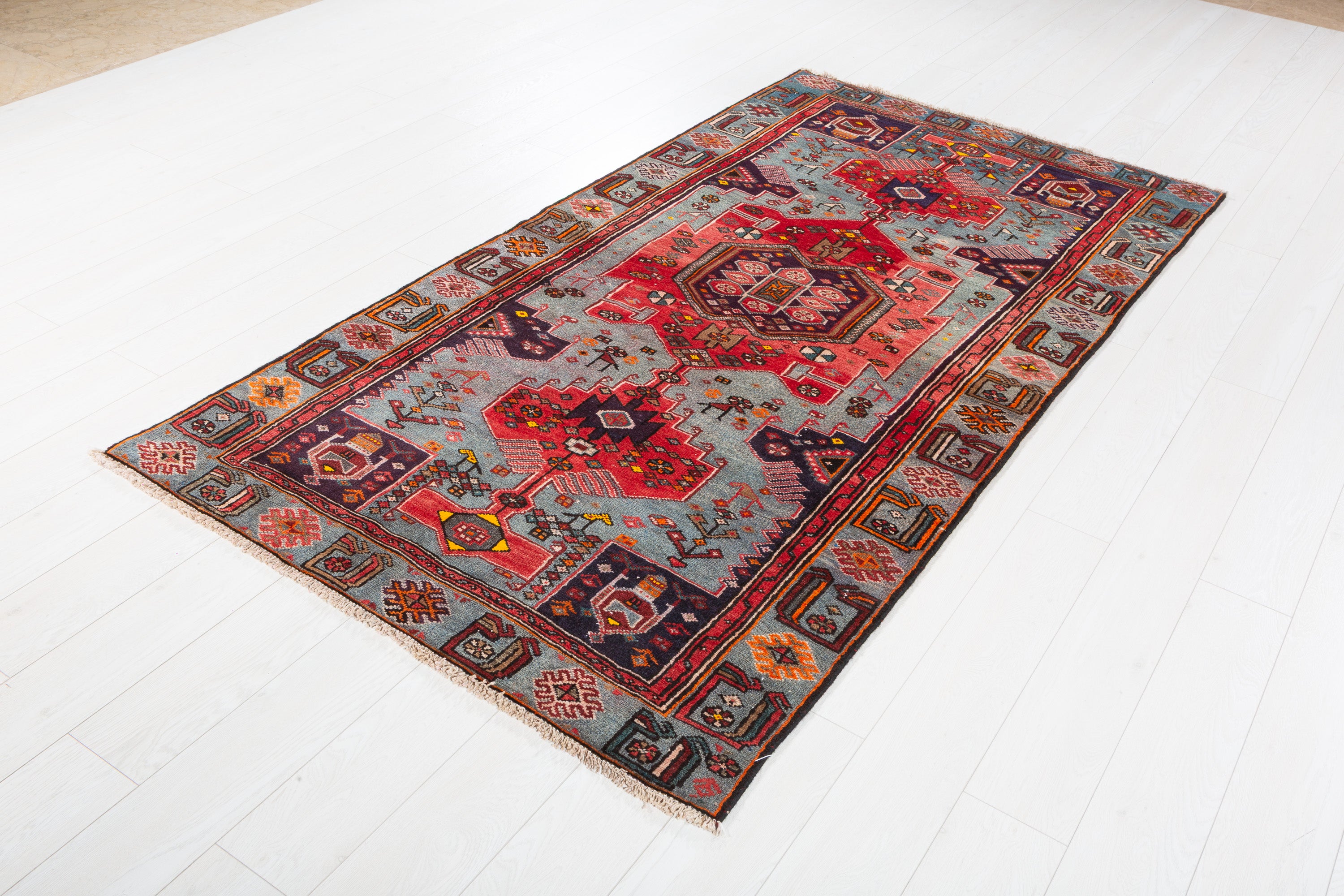 Collectible Vintage Red, Turquoise Blue Triple Medallion Area Rug – 7' 7" x 4' 1" (230 x 124 cm)