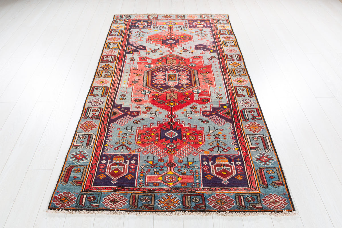 Collectible Vintage Red, Turquoise Blue Triple Medallion Area Rug – 7' 7" x 4' 1" (230 x 124 cm)