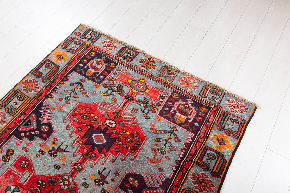 Collectible Vintage Red, Turquoise Blue Triple Medallion Area Rug – 7' 7" x 4' 1" (230 x 124 cm)