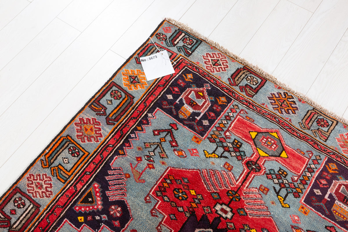 Collectible Vintage Red, Turquoise Blue Triple Medallion Area Rug – 7' 7" x 4' 1" (230 x 124 cm)