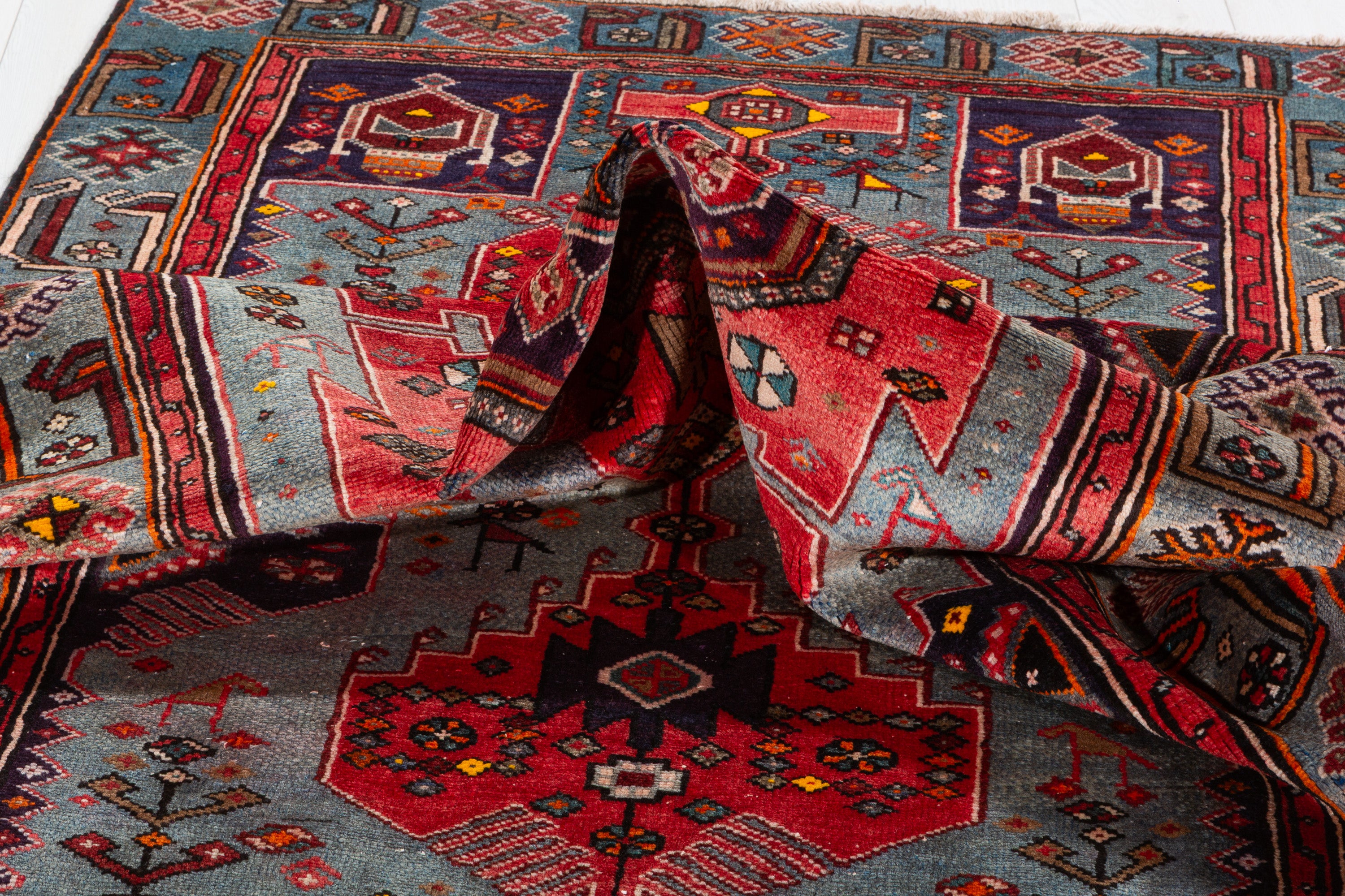 Collectible Vintage Red, Turquoise Blue Triple Medallion Area Rug – 7' 7" x 4' 1" (230 x 124 cm)