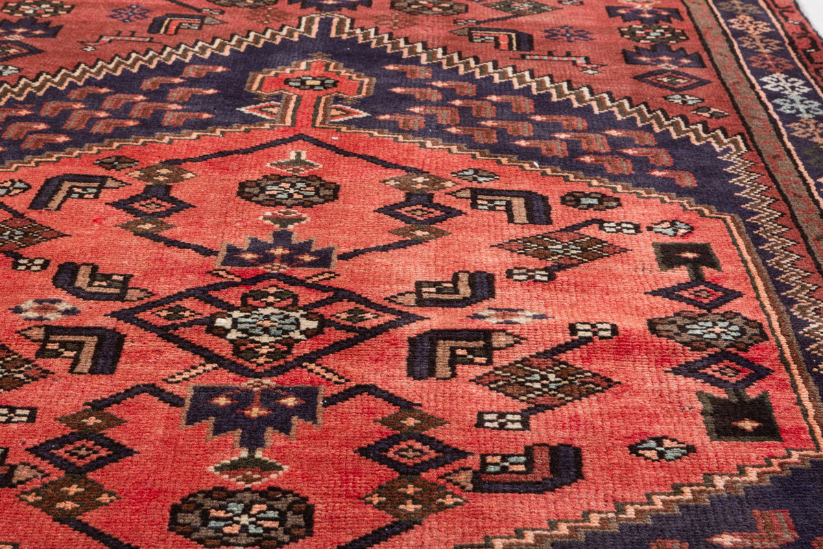 Vintage Brick Red, Coral Geometric Medallion Area Rug – 6' 9" x 4' 3" (207 x 129 cm)
