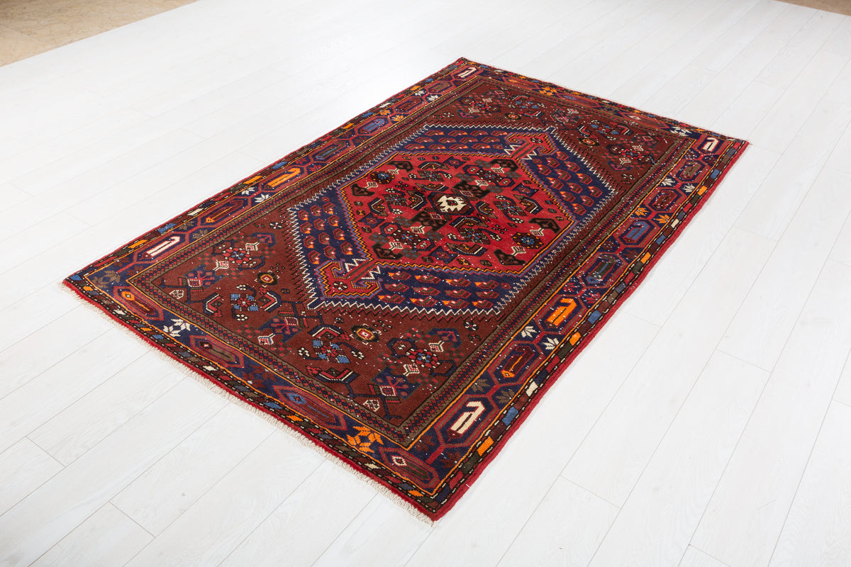 Vintage Brown, Navy Blue Central Medallion Area Rug – 6' 9" x 4' 3" (206 x 130 cm)