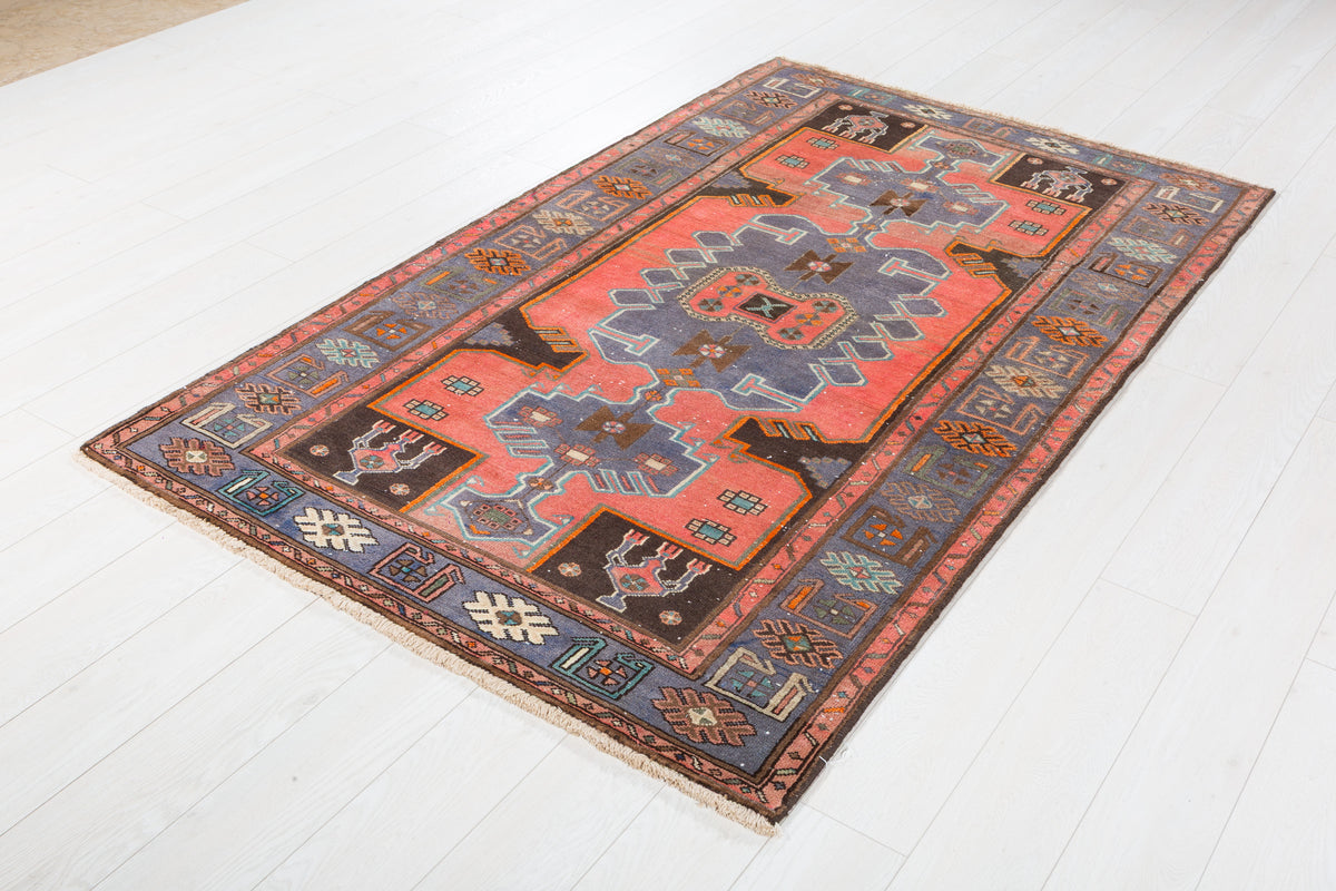 Collectible Vintage Coral, Light Blue Triple Medallion Area Rug – 6' 10" x 4' 2" (208 x 128 cm)