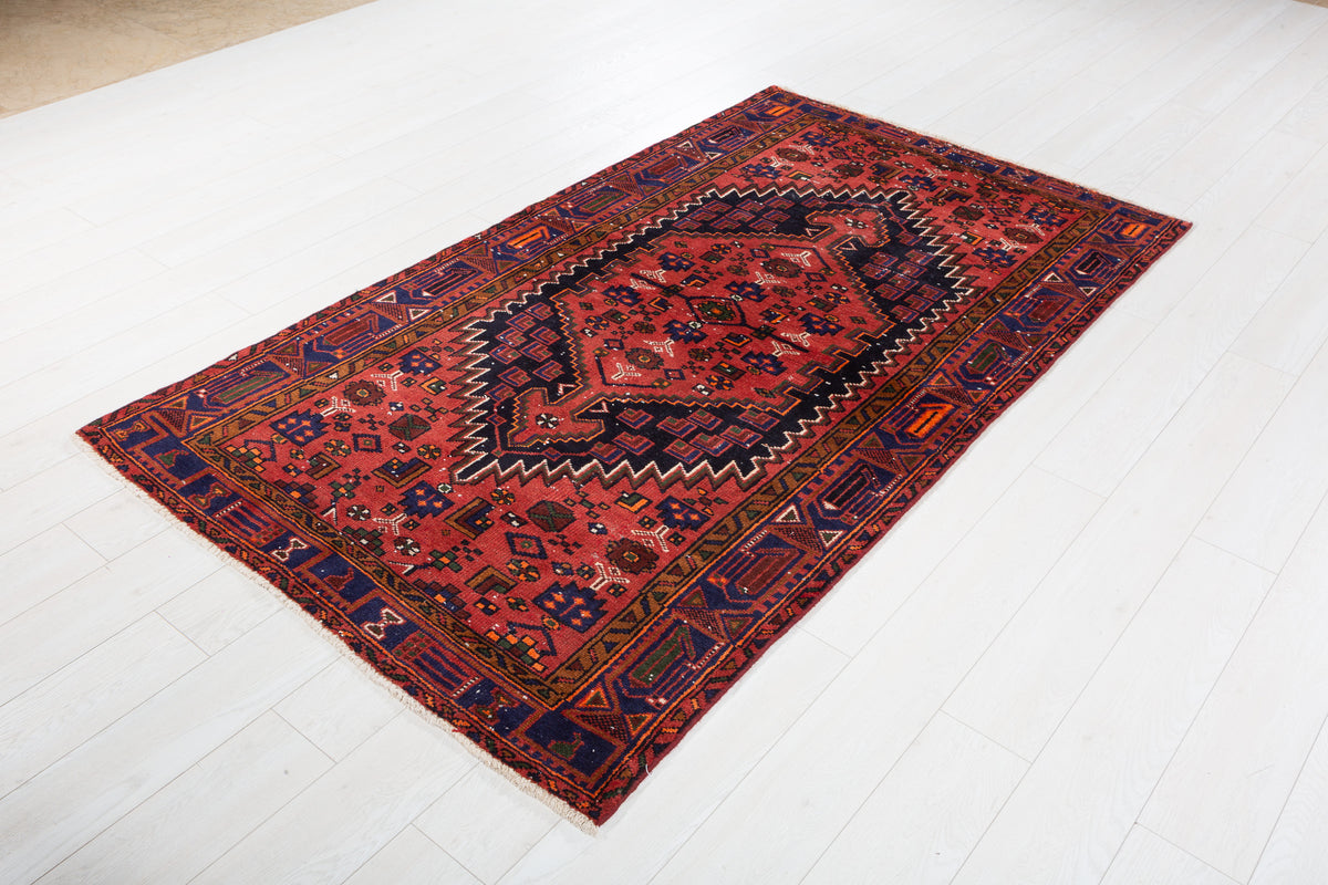 Vintage Rust Red, Deep Navy Blue Central Medallion Area Rug – 7' 1" x 4' 1" (217 x 125 cm)