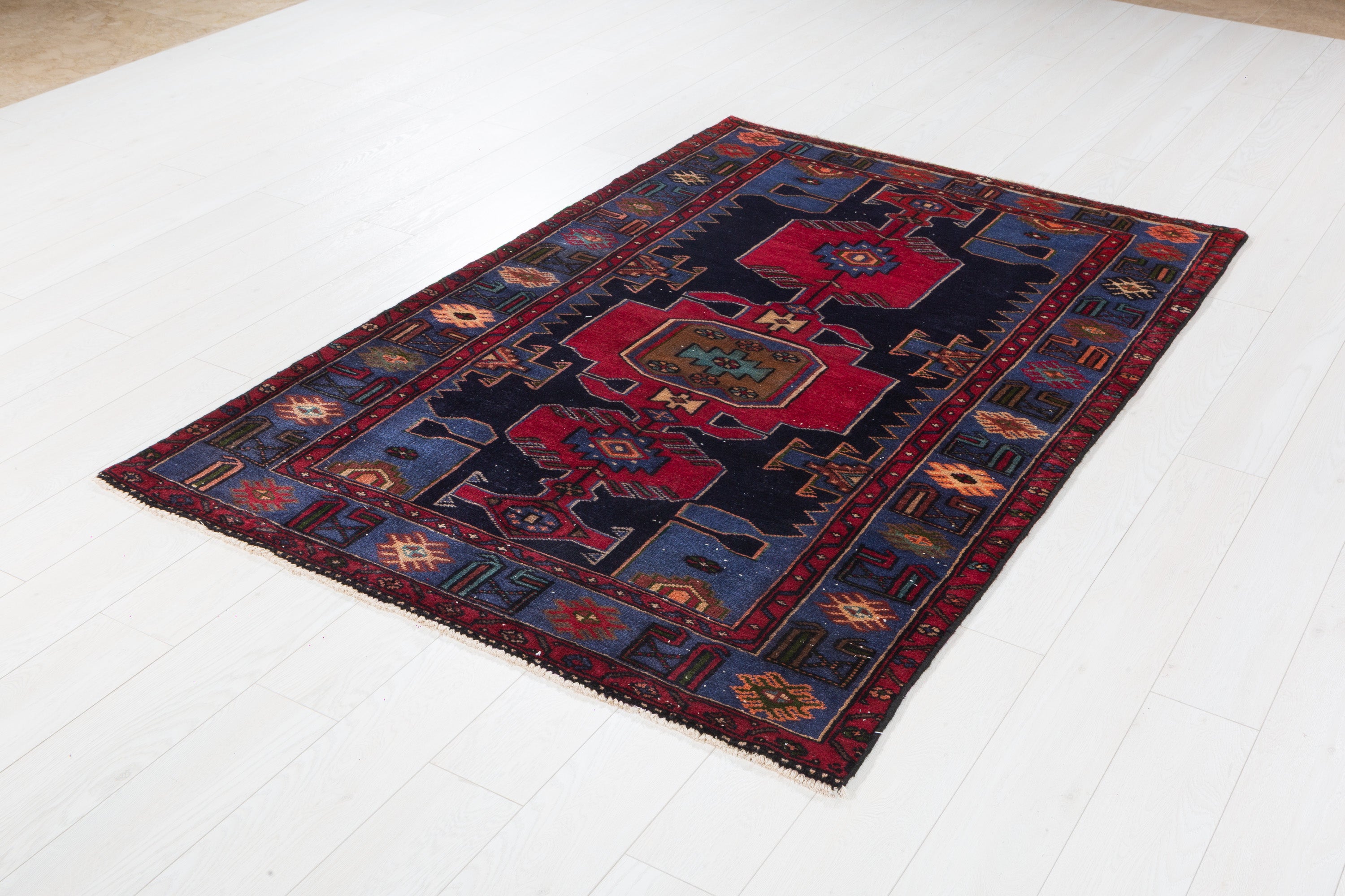 Collectible Vintage Deep Navy Blue, Pinkish-Red Triple Medallion Area Rug – 6' 3" x 4' 3" (191 x 129 cm)