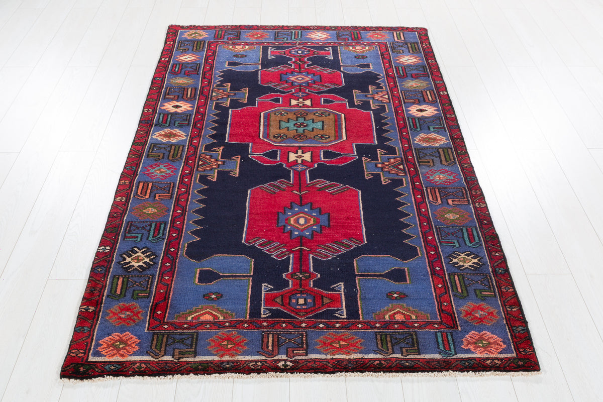 Collectible Vintage Deep Navy Blue, Pinkish-Red Triple Medallion Area Rug – 6' 3" x 4' 3" (191 x 129 cm)