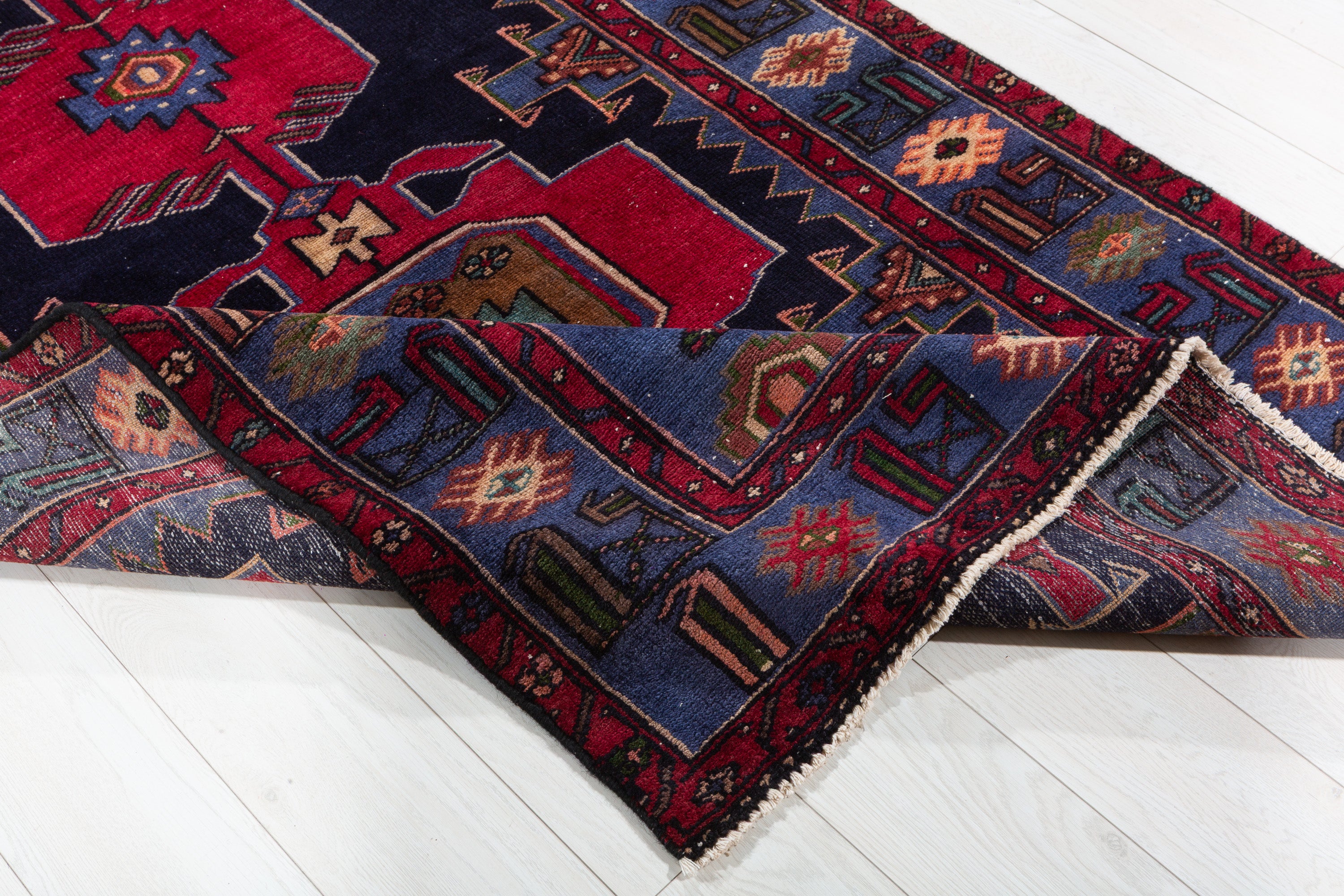 Collectible Vintage Deep Navy Blue, Pinkish-Red Triple Medallion Area Rug – 6' 3" x 4' 3" (191 x 129 cm)