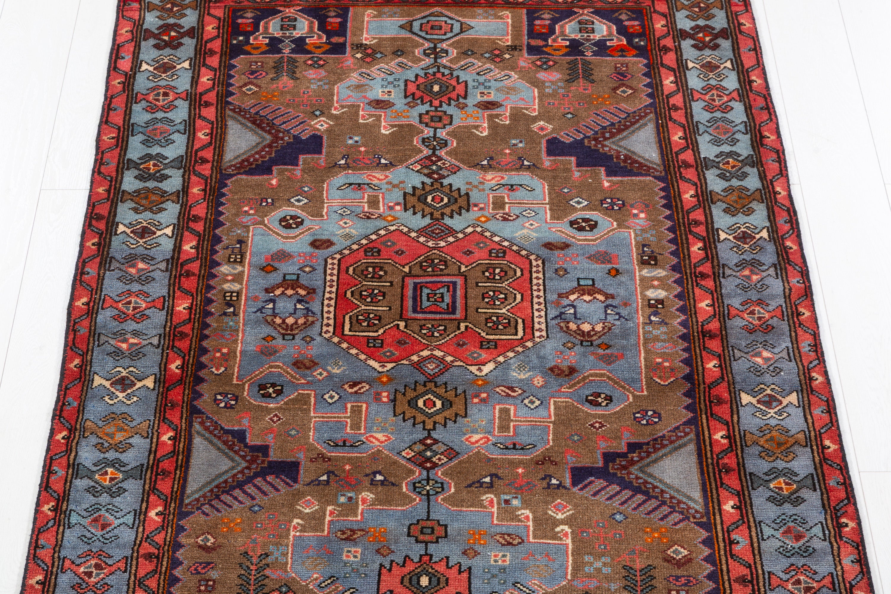 Collectible Vintage Brown, Turquoise Blue Geometric Medallion Area Rug – 6' 1" x 3' 11" (186 x 120 cm)