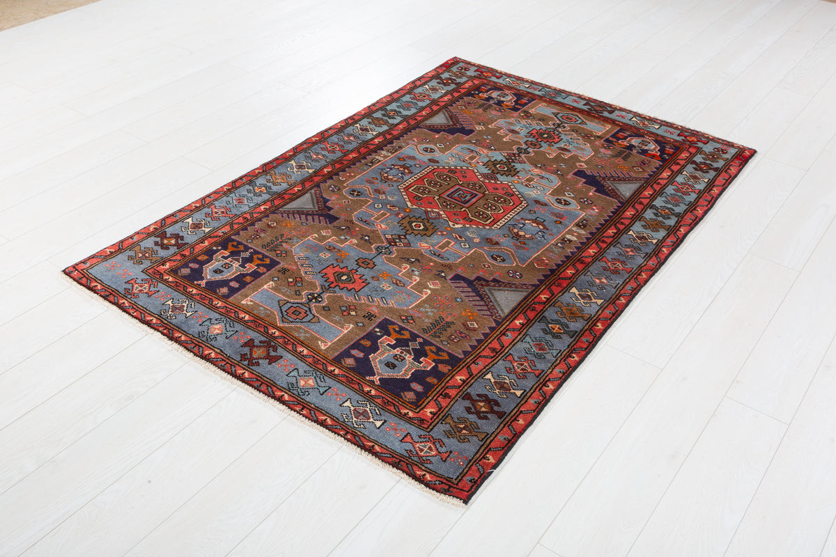 Collectible Vintage Brown, Turquoise Blue Geometric Medallion Area Rug – 6' 1" x 3' 11" (186 x 120 cm)