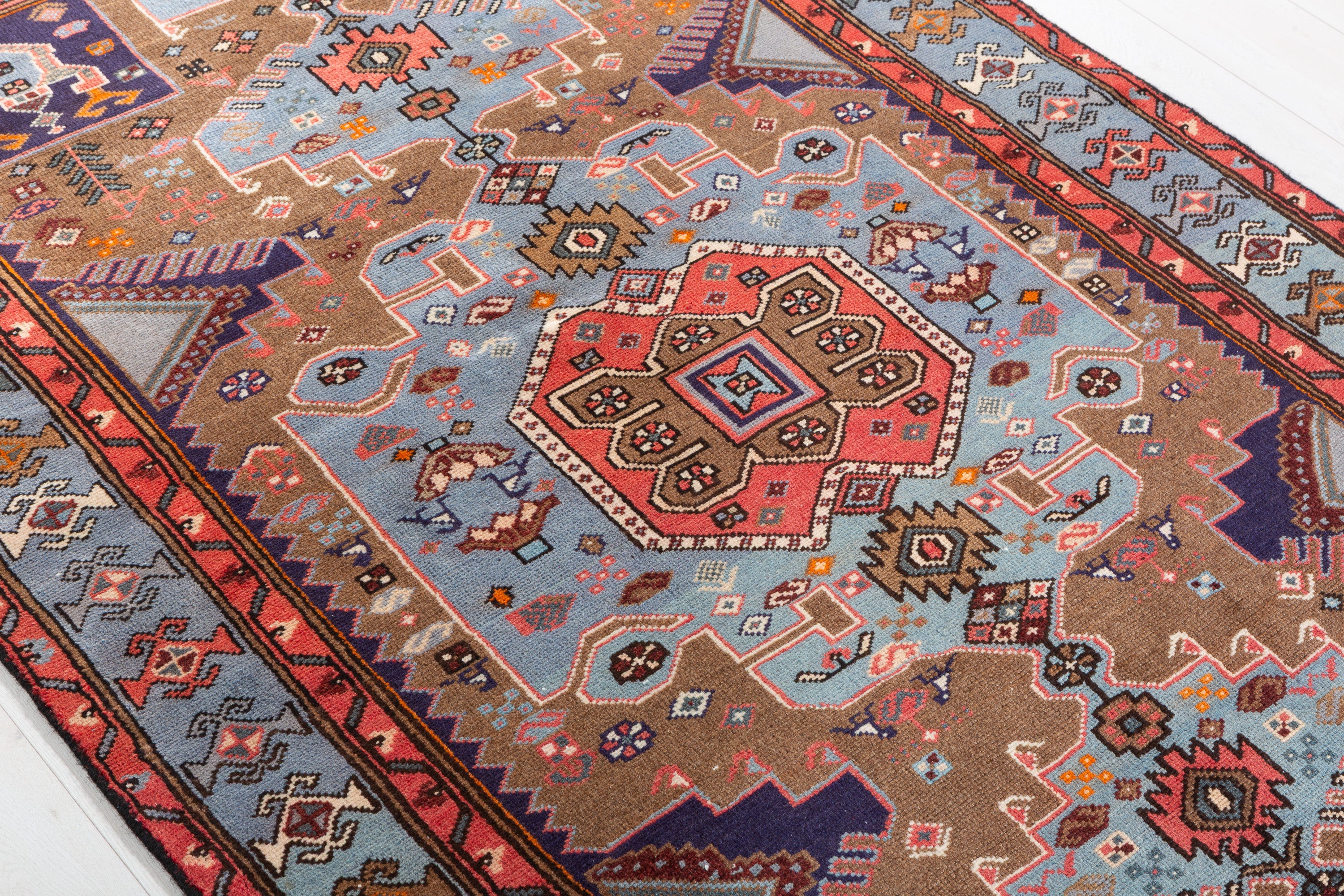 Collectible Vintage Brown, Turquoise Blue Geometric Medallion Area Rug – 6' 1" x 3' 11" (186 x 120 cm)