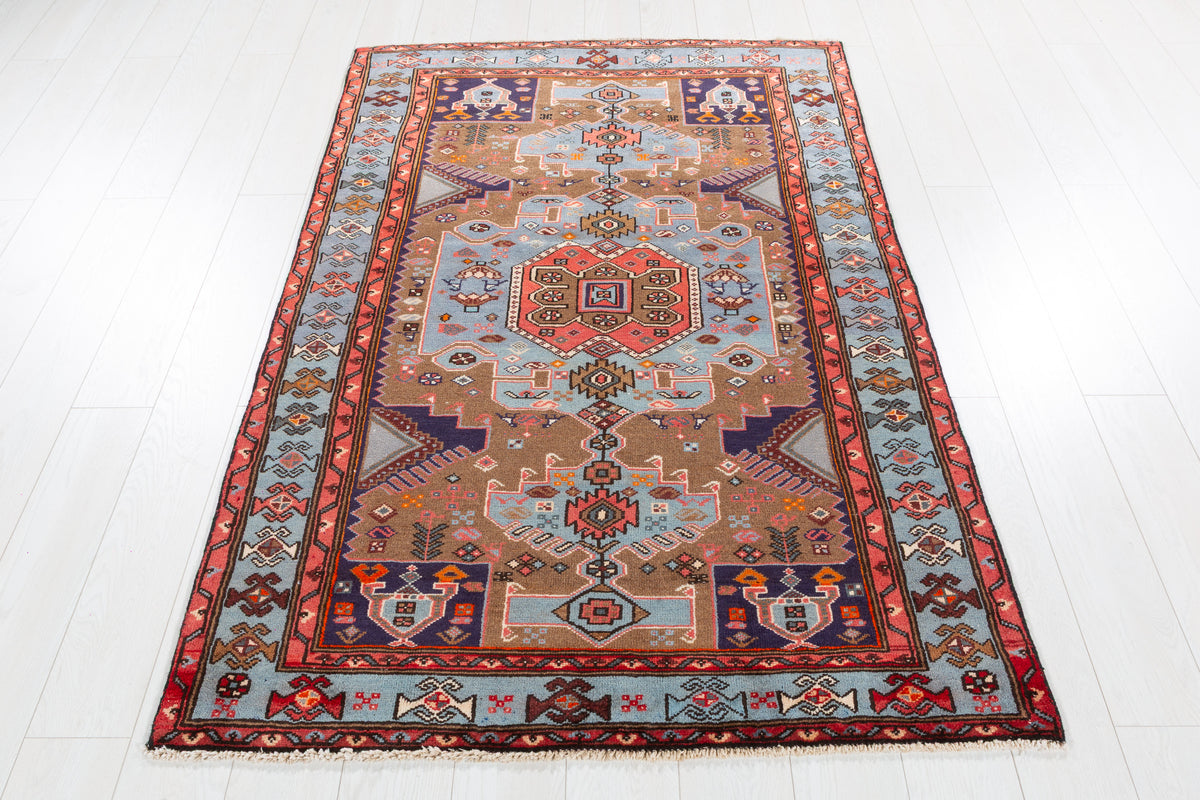 Collectible Vintage Brown, Turquoise Blue Geometric Medallion Area Rug – 6' 1" x 3' 11" (186 x 120 cm)