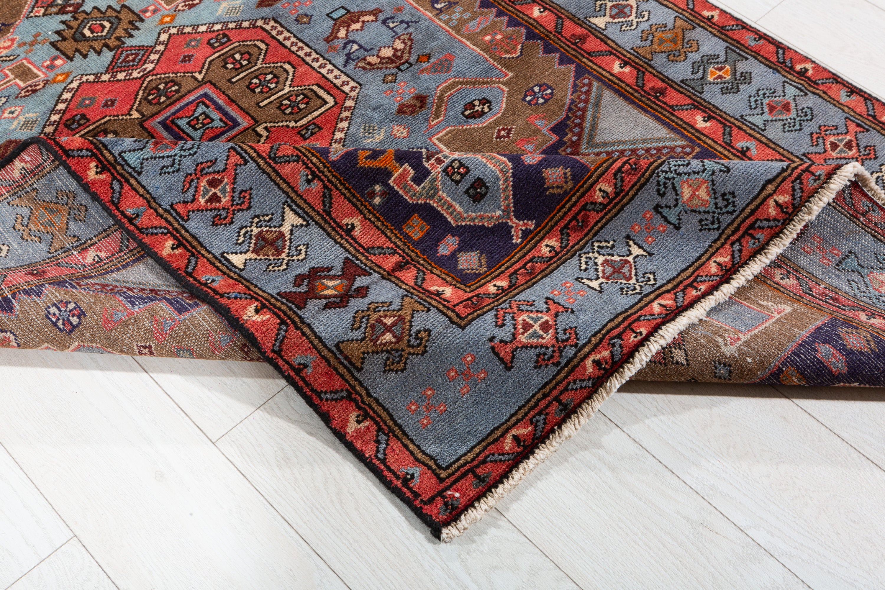 Collectible Vintage Brown, Turquoise Blue Geometric Medallion Area Rug – 6' 1" x 3' 11" (186 x 120 cm)