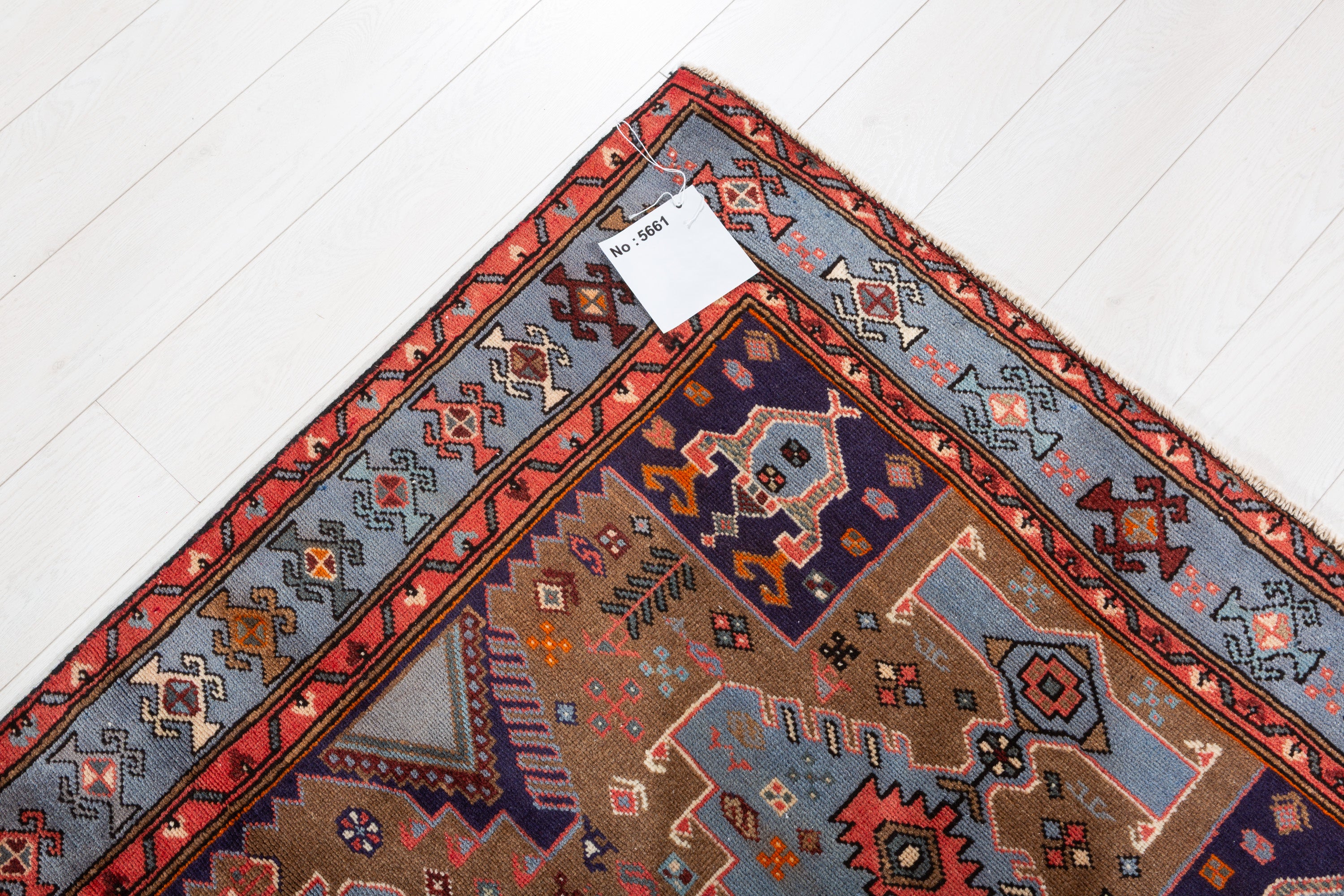Collectible Vintage Brown, Turquoise Blue Geometric Medallion Area Rug – 6' 1" x 3' 11" (186 x 120 cm)
