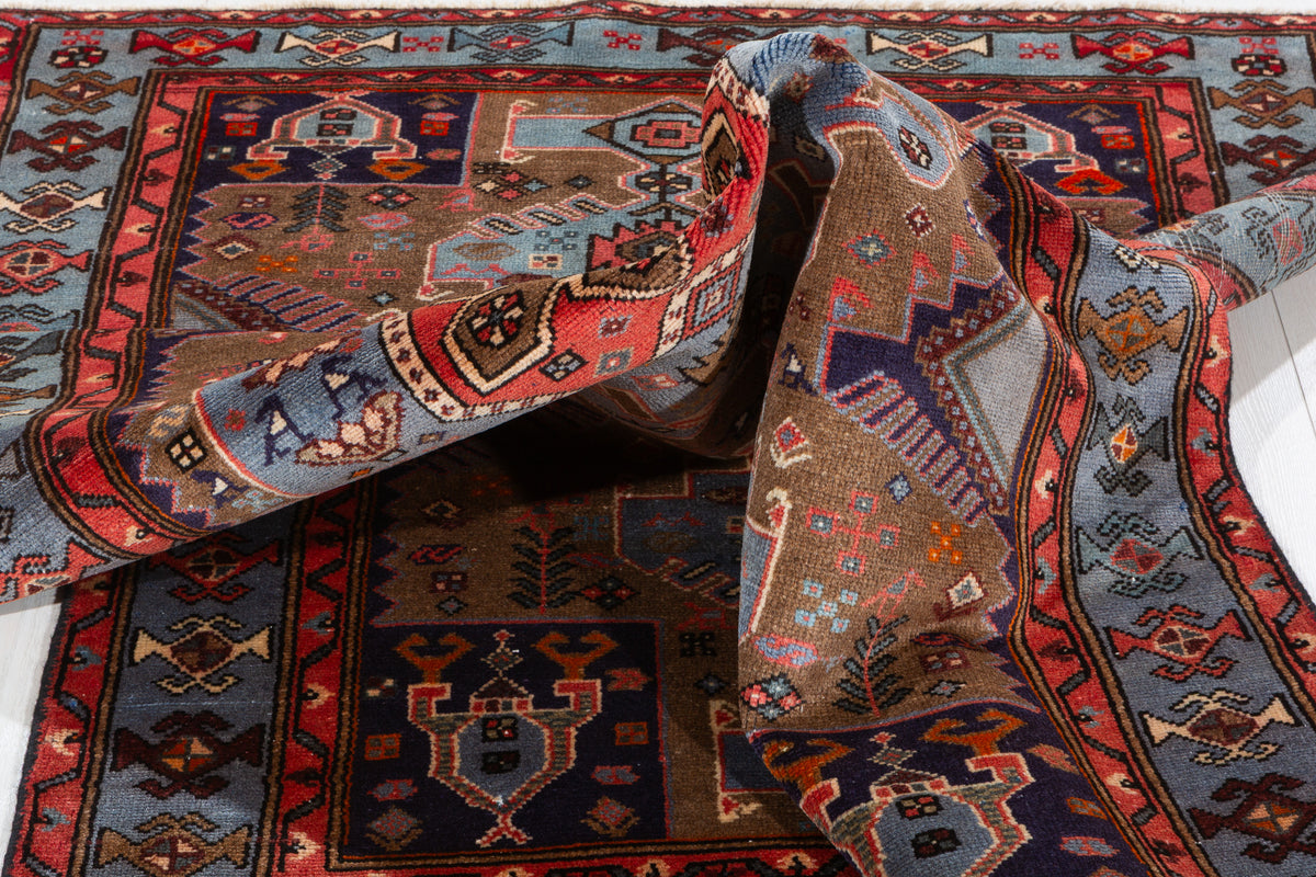 Collectible Vintage Brown, Turquoise Blue Geometric Medallion Area Rug – 6' 1" x 3' 11" (186 x 120 cm)