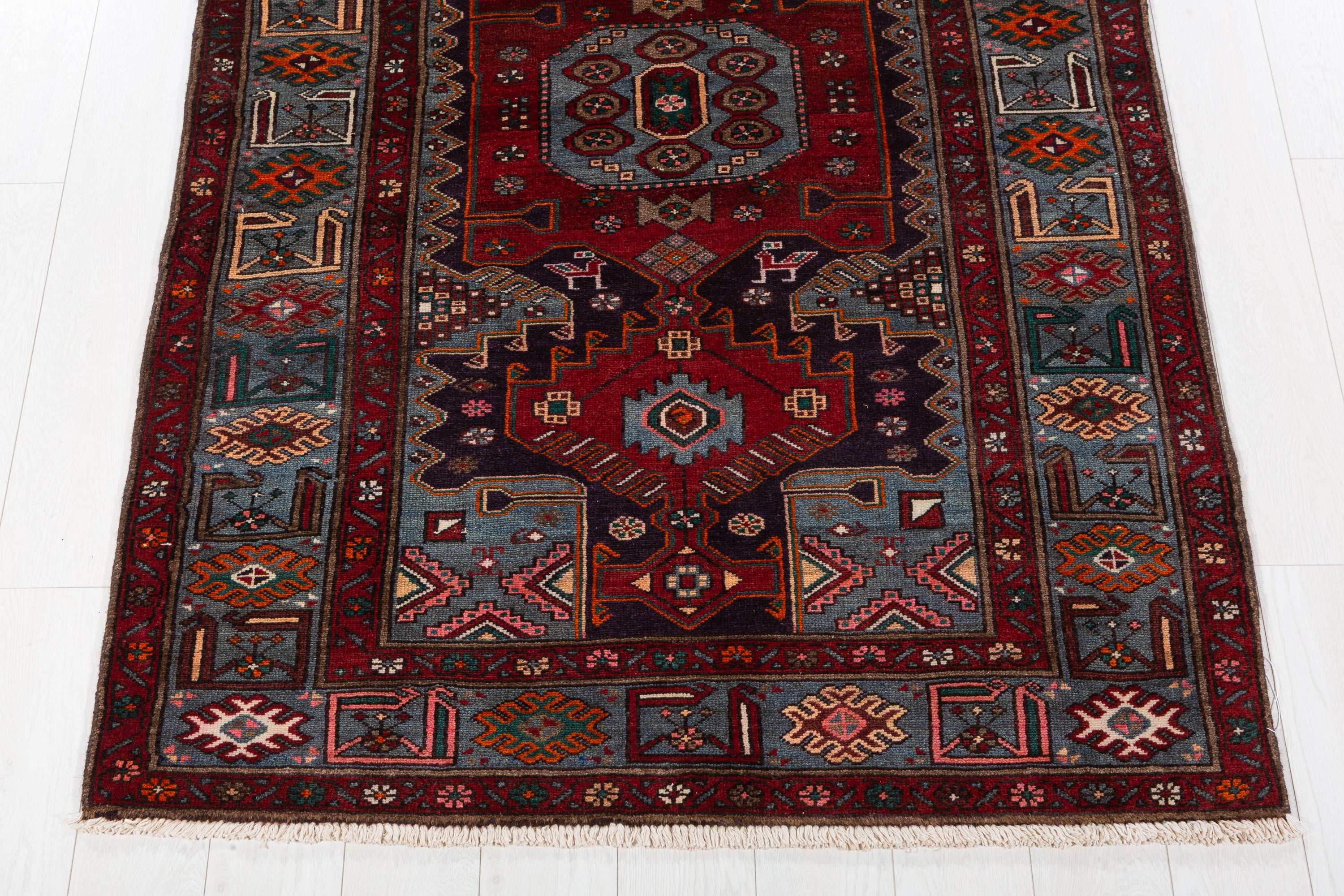 Collectible Vintage Red, Deep Navy Blue Triple Medallion Area Rug – 6' 8" x 4' 3" (204 x 130 cm)