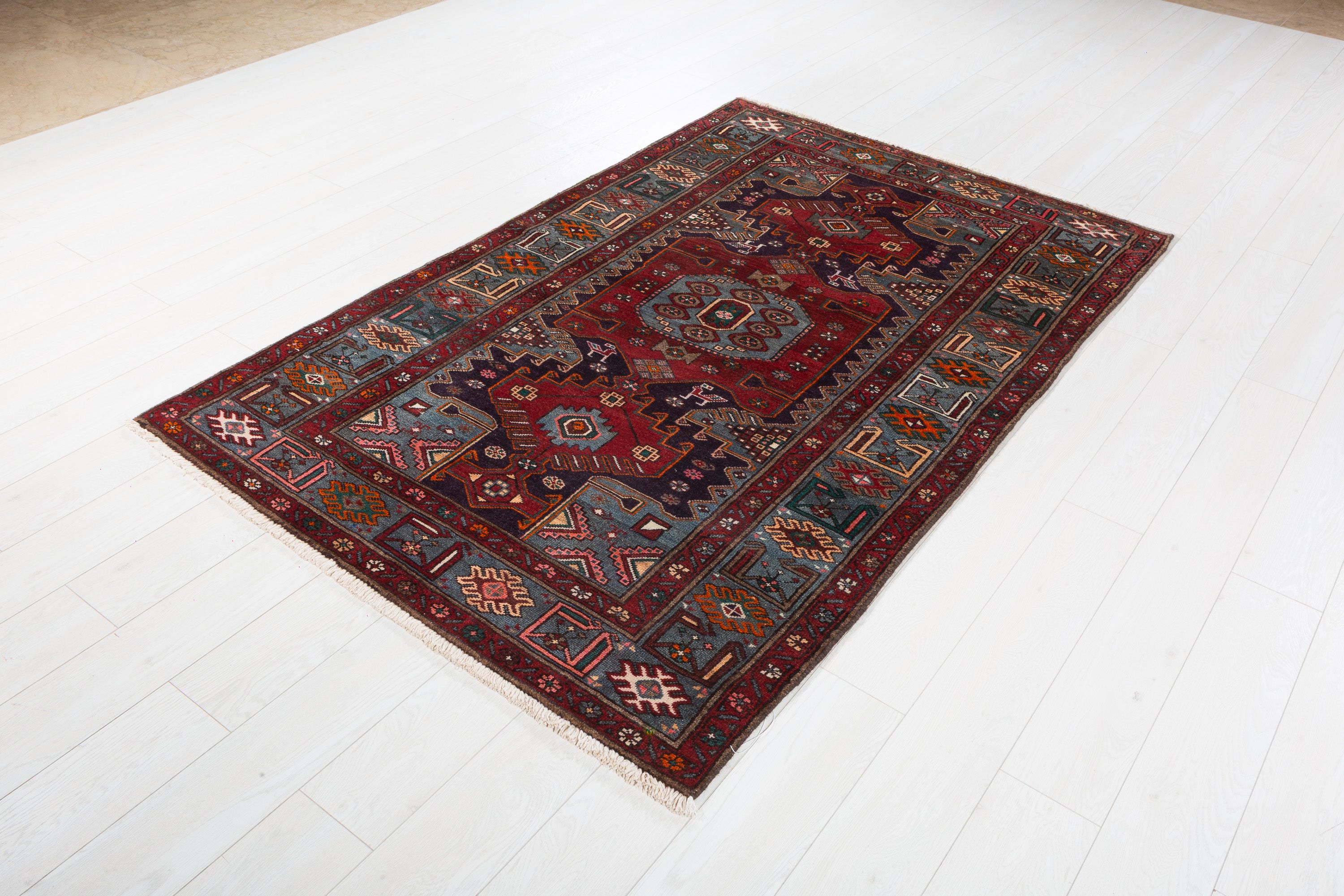 Collectible Vintage Red, Deep Navy Blue Triple Medallion Area Rug – 6' 8" x 4' 3" (204 x 130 cm)