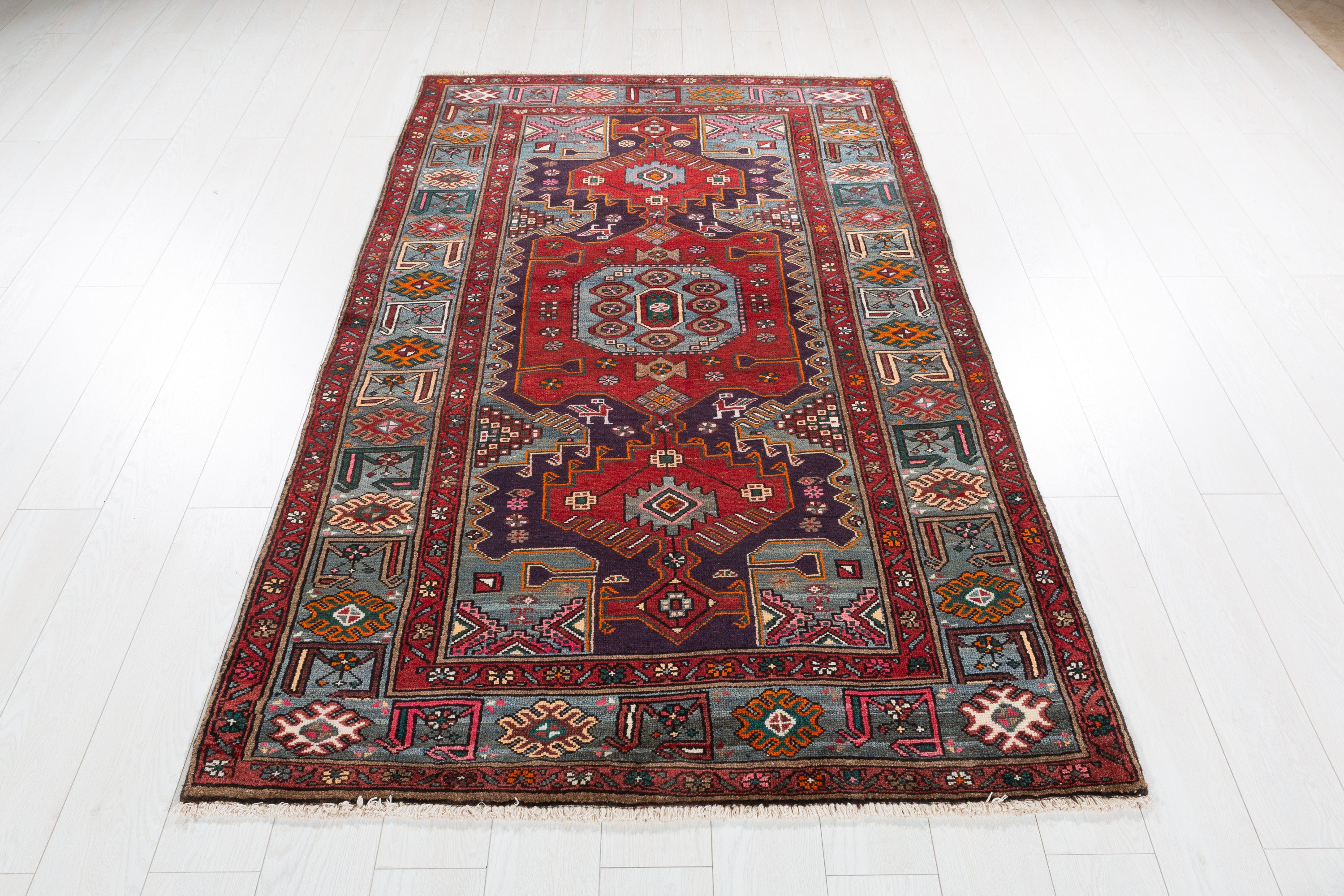 Collectible Vintage Red, Deep Navy Blue Triple Medallion Area Rug – 6' 8" x 4' 3" (204 x 130 cm)