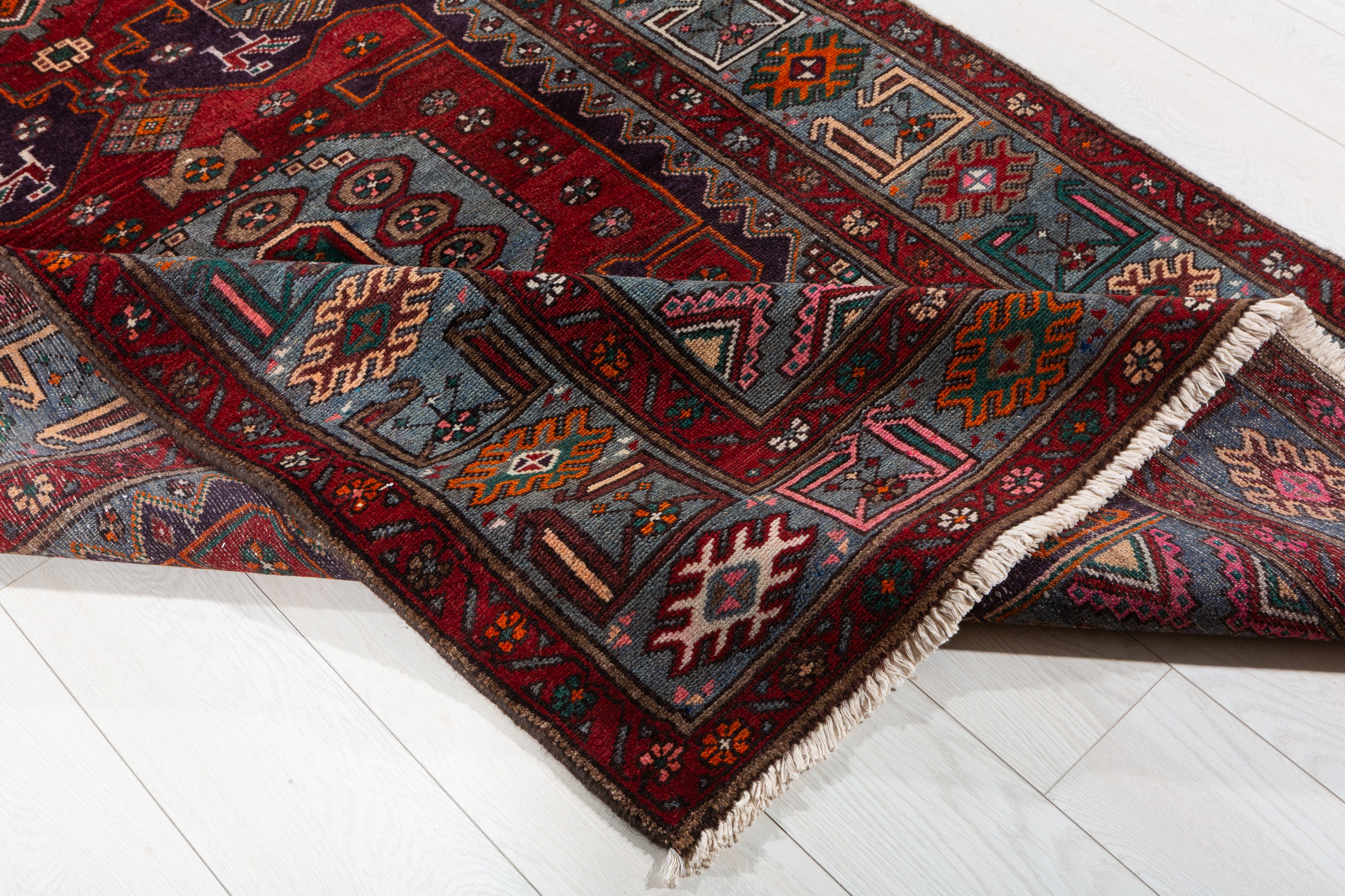 Collectible Vintage Red, Deep Navy Blue Triple Medallion Area Rug – 6' 8" x 4' 3" (204 x 130 cm)